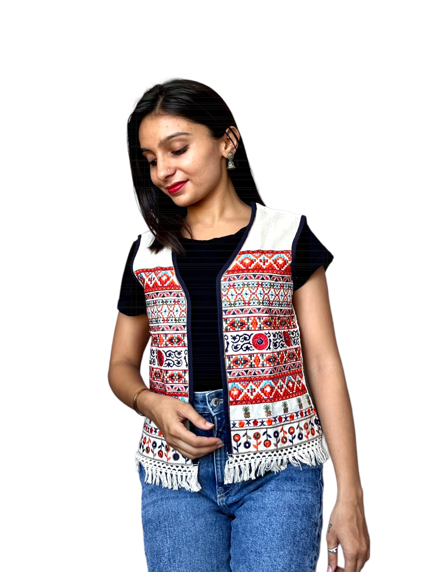 odhan Women's Embroidered Koti Jacket, White, Boho Ethnic Style, Tassel Hem, Open Front, Sleeveless Waistcoat-picture-10