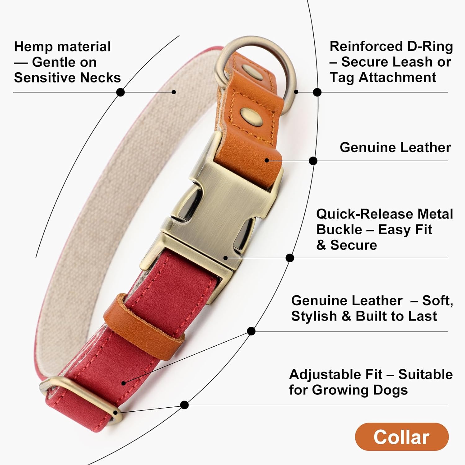 Plutus Pet Genuine Leather & Hemp Dog Collar – Adjustable Heavy Duty Pet Collar with Quick Release Metal Buckle, Soft & Stylish for Puppy and Small, Medium, Large Dogs (Red, L)