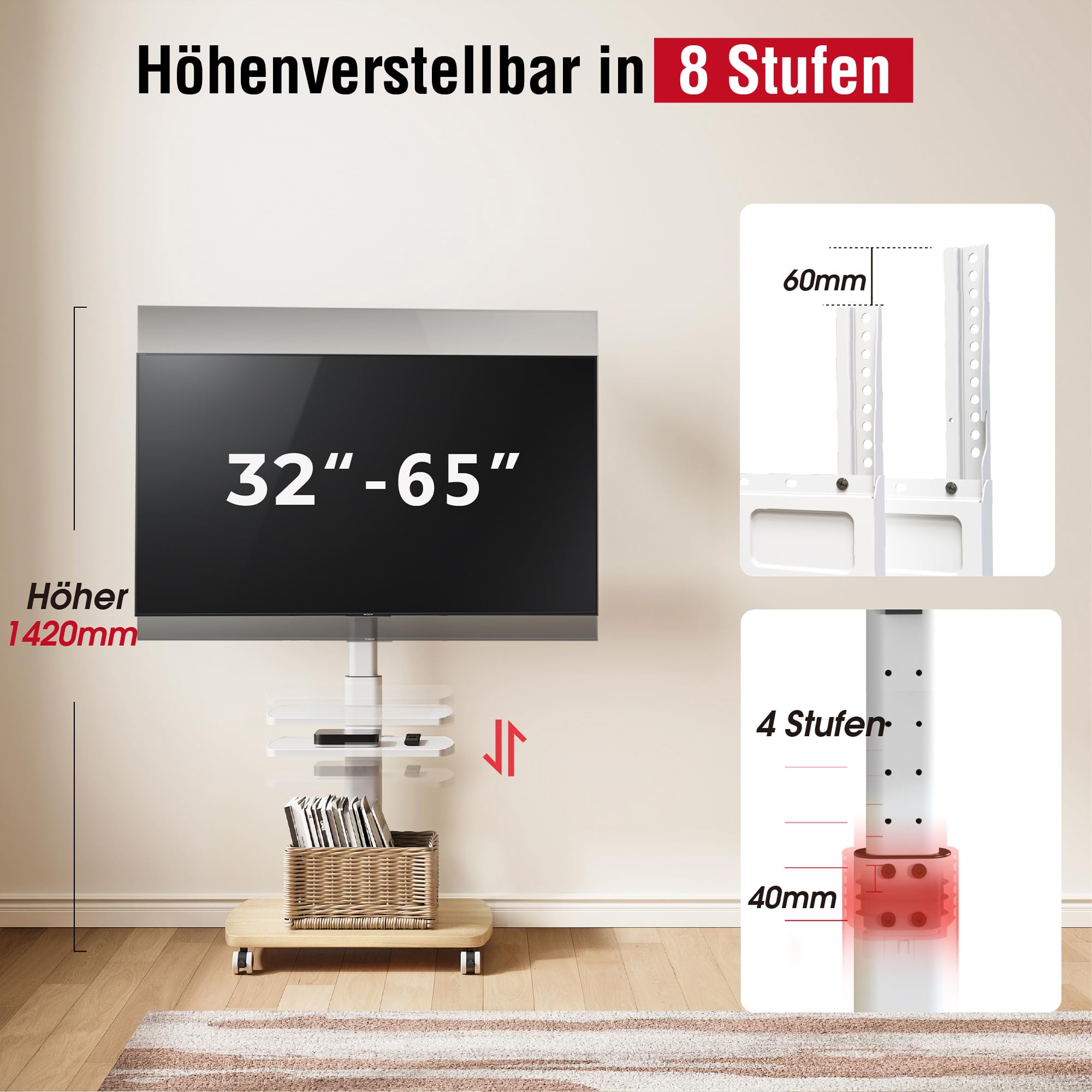 AOKCOS TV Ständer Rollbar mit Holzablage 2 Regal, Fernsehständer auf Rollen für 32-65 Zoll TV, TV Bodenständer Höhenverstellbar Drehbar, bis 40 kg Max. VESA 400x400mm (Weiß+Natur)