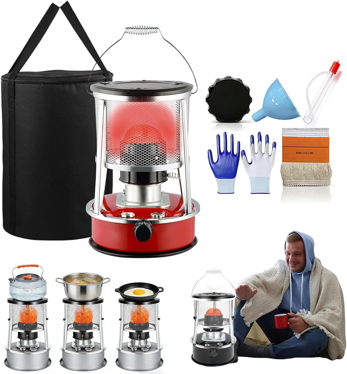 Non Electric Heaters for Indoor, 9000 Btu Portable Kerosene Heater Indoor with Cooking Top, 18-21h Runtime, Cordless Space Heater for Home, Garage, Basement, and Camping (RED)