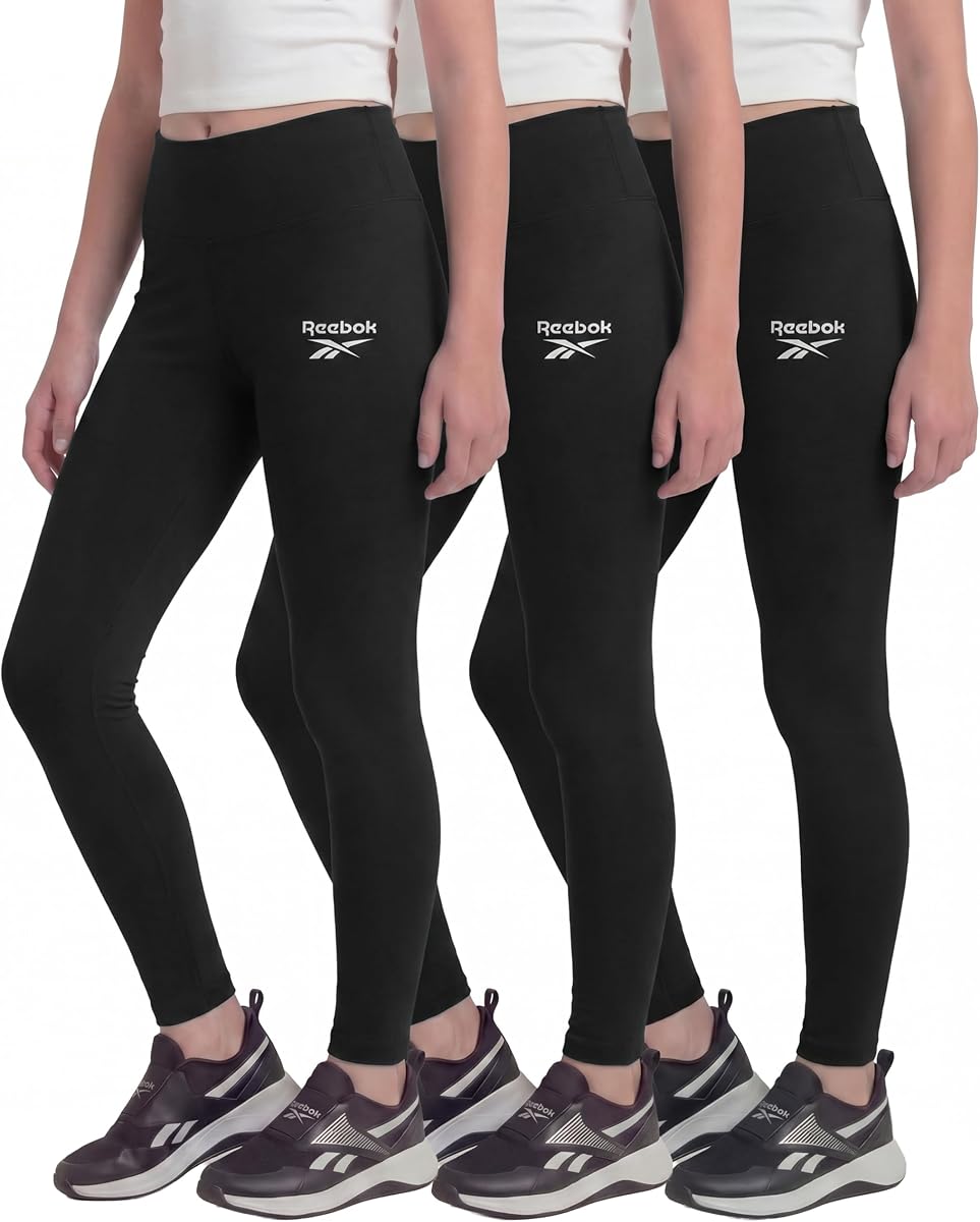Reebok Paquete de 3: Leggings para niñas, pantalones deportivos de entrenamiento para bailar, animar, para niños, adolescentes, preadolescentes, jóvenes, ropa deportiva, pantalones (talla 6-16)