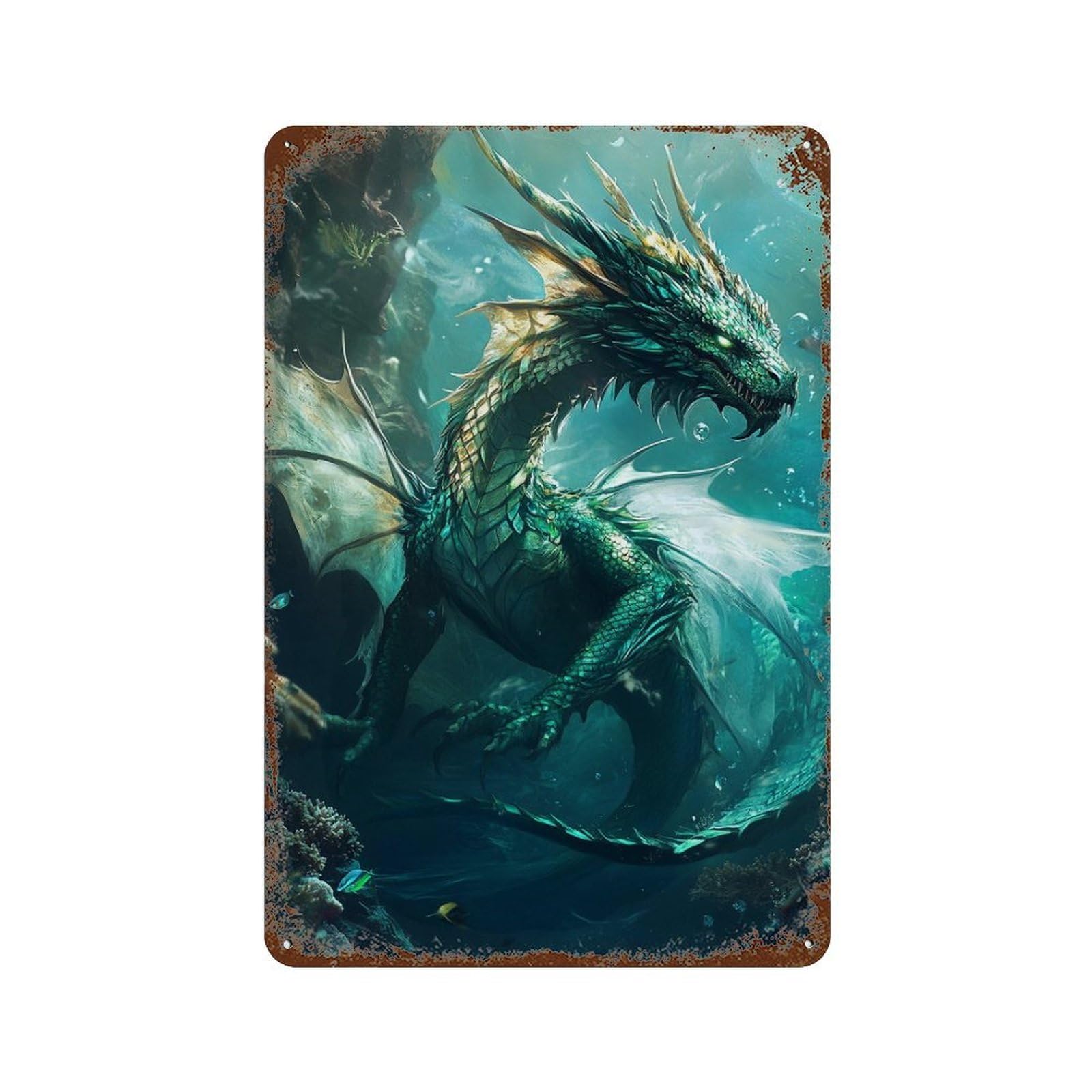 Oceanic Dragon Artwork 11.8"x7.9" Weathered Tin Sign, Shabby Chic Decor for Farmhouse, Kitchen And Entryway Decor