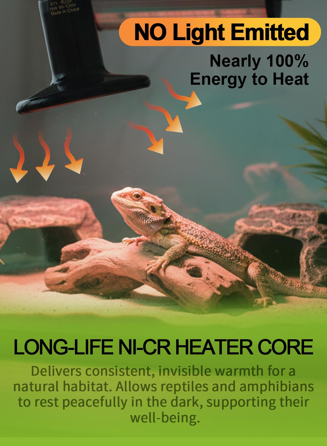 OMAYKEY 75W Ceramic Infrared Emitter - No Light Reptiles Heater, for Bearded Dragons, Lizards, Turtles, Snakes, Amphibians & Chickens - ETL Certified Heat Lamp Bulbs(2 Pack) - image 6