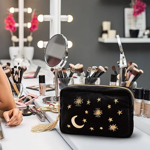 Miniatura 4 de Práctica bolsa de maquillaje cosmética, bolsa de cosméticos bordada de terciopelo azul marino, bolsa de maquillaje estrellada con borlas y