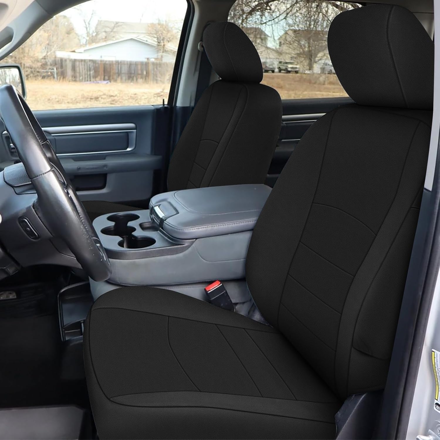 Seat Covers Compatible with 2009-2021 Dodge Ram 1500 & 2010-2018 Ram 2500/3500, Knitted Fabric Front & Rear 60/40 Split Seat Complete Set, Black