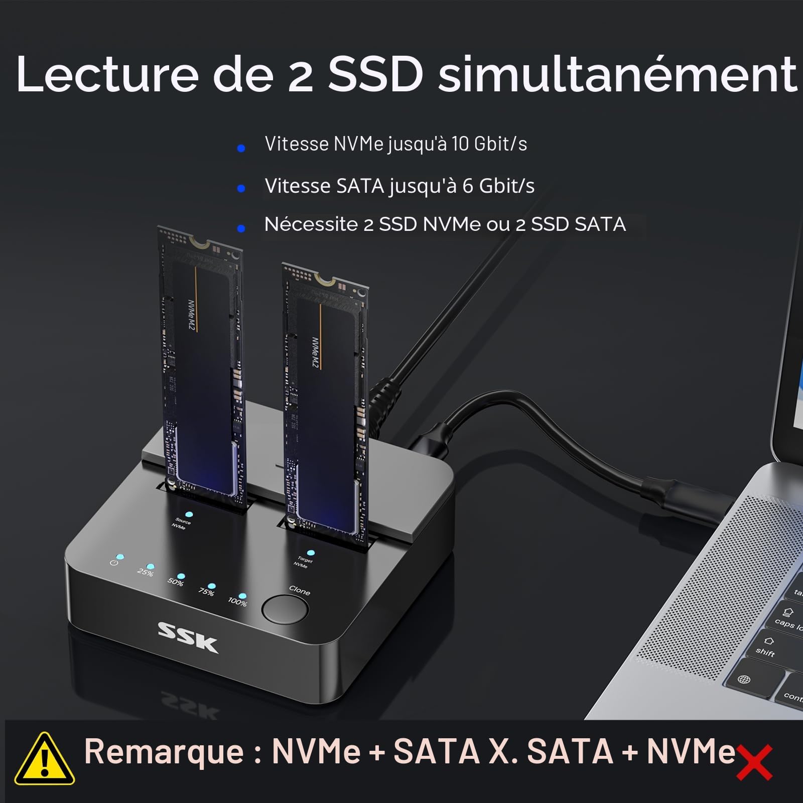 SSK Dock Disque Dur Cloner SSD M.2 NVMe SATA, Station d'accueil Double Baie 10Gbps USB 3.2 Gen 2, Adaptateur USB pour SSD PCIe M Key/B+M Key avec Clonage Hors Ligne