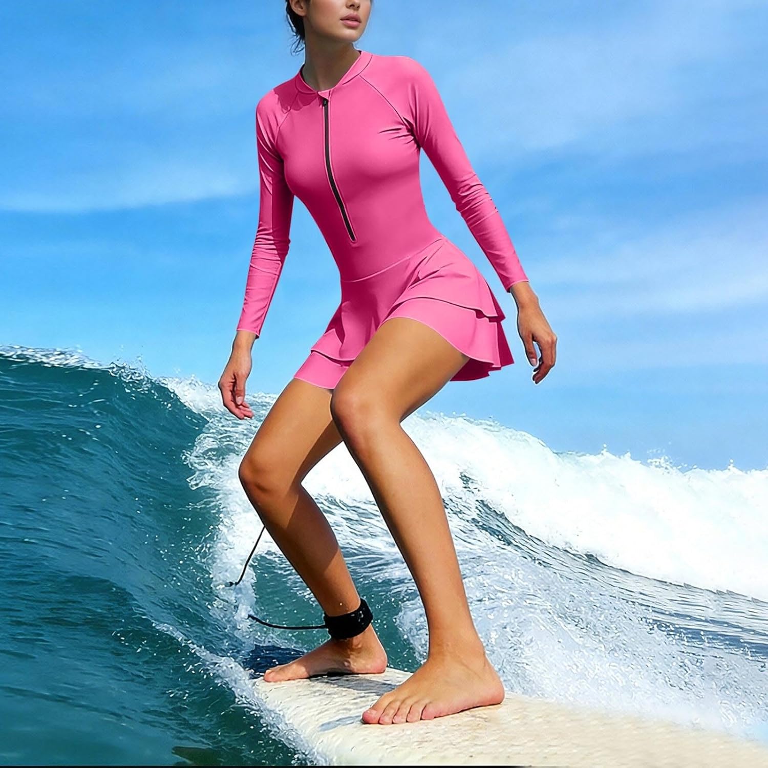 FZYLQY Women's Two Piece Rash Guard Modest Swimsuits Dress Long Sleeve Zipper Surfing Bathing Swimkirt with Shorts UPF 50+