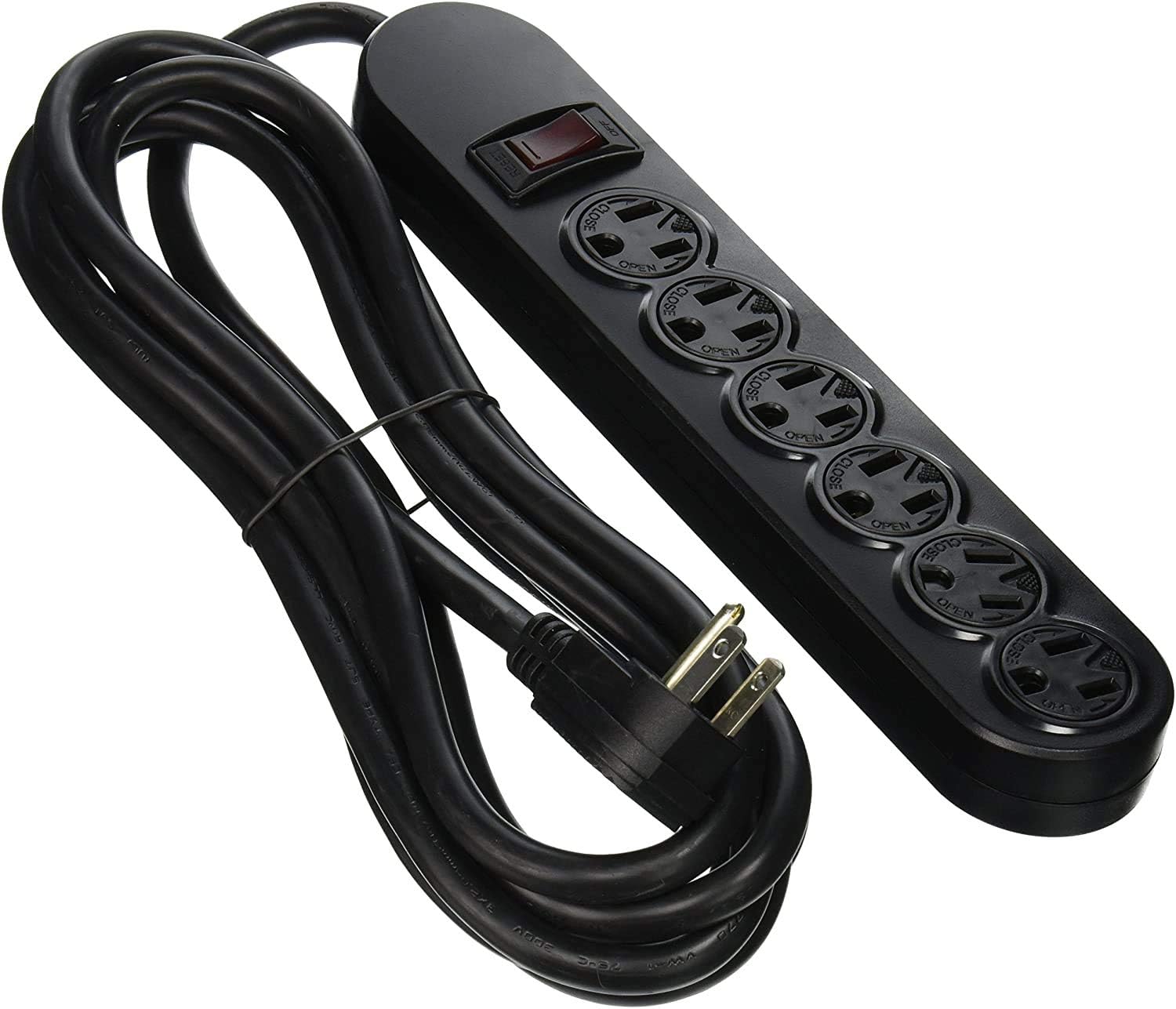 Uninex PS0812BK Flat Plug 6 AC Outlet Heavy Duty Power Strip with Twist Lock, 14/3 AWG, ABS, UL Listed, Black, 12-Foot