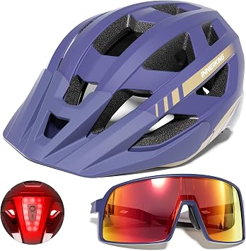 Adult Bike Helmet & Cycling Sunglasses Set with LED Rear Ligh for Men Women