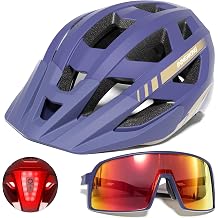 Adult Bike Helmet & Cycling Sunglasses Set with LED Rear Ligh for Men Women | M&L,Mountain Bicycle Helmet,USB Rechargeable Rear Light,Safety Certified,UV Protection Glasses,Commuting&Riding,Fit Well