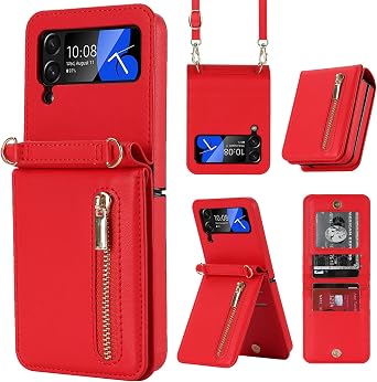 Phone Case for Samsung Galaxy Z Flip 3, Crossbody Wallet Phone Cover with Card Holders Cash Slot Kickstand Wristlet Strap, Fashion Leather Handbag Flip 3 Phone Case for Women Girls Red