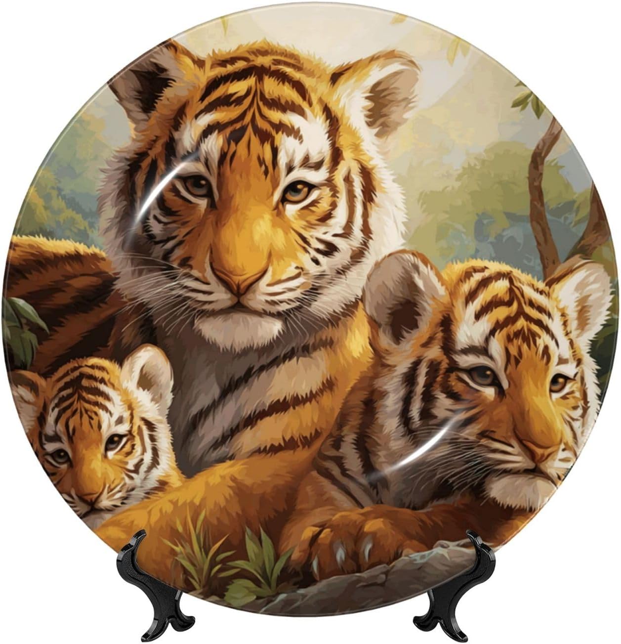 Bone China Decorative Plate with Display Jungle Tigers Cub Ceramic Plates Crafts Art Decor Dessert Plate Ceramic Ornament Porcelain Plates for Living Room Kitchen Table Home Decor