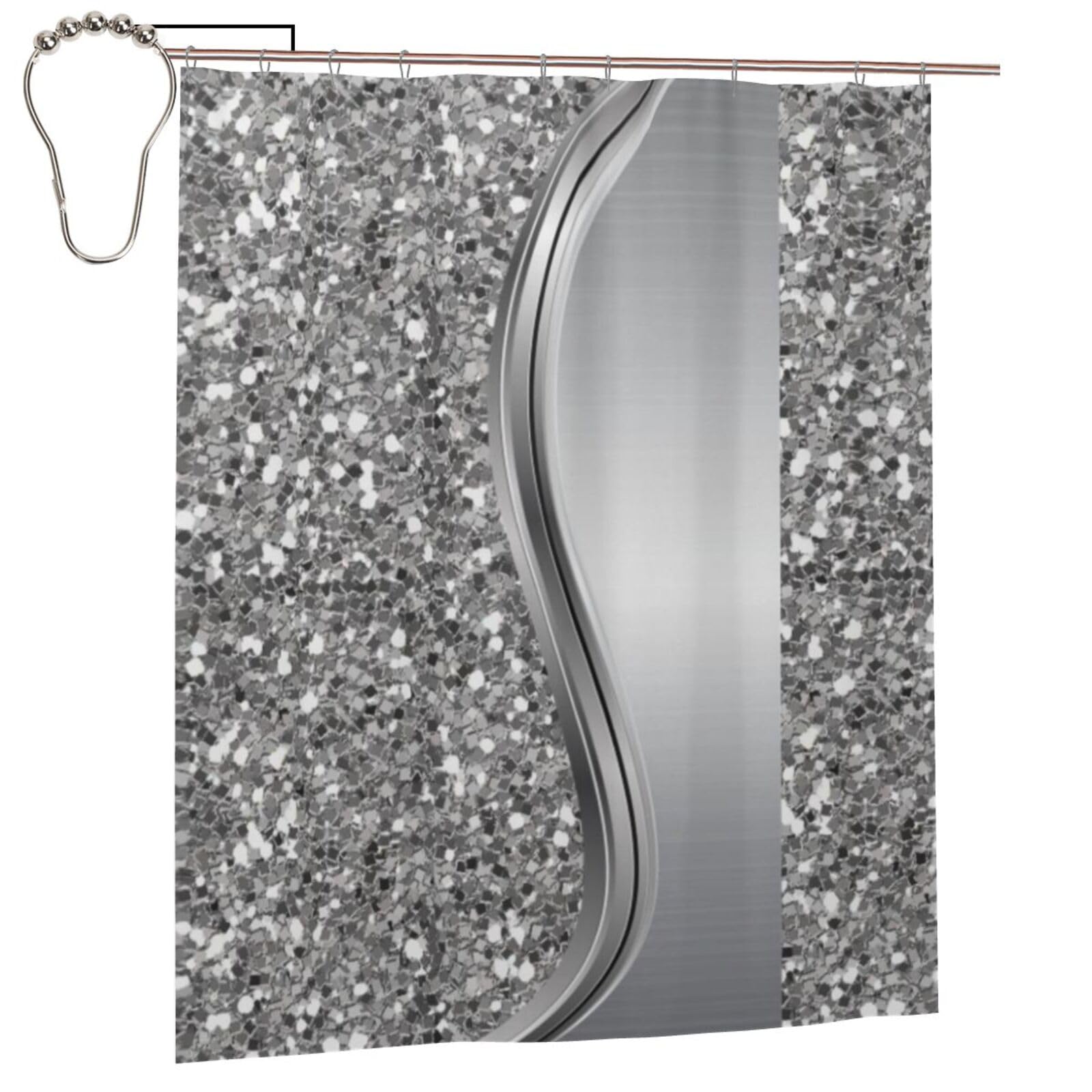 Egomed As Picture Shower Curtain 60X72 Inch,Bathroom Decor Waterproof Fabric Shower Curtains With Hooks,Silver Faux Glitter Glam Bling