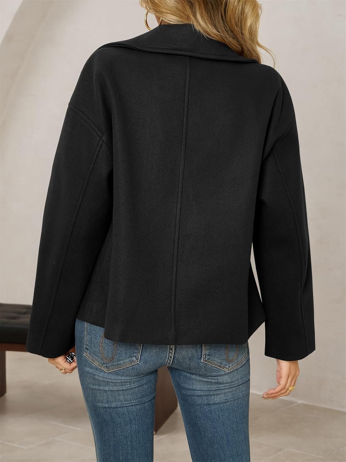 Tankaneo Womens Cropped Wool Blend Pea Coat Casual Long Sleeve Double Breasted Notched Lapel Overcoat Jackets - Image 3