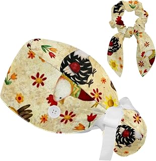 FVQL 2 Pieces Surgical Cap for Long Hair Scrub Cap with Hairband Nurse Cap, Cartoon Chicken Hen Vintage Pattern