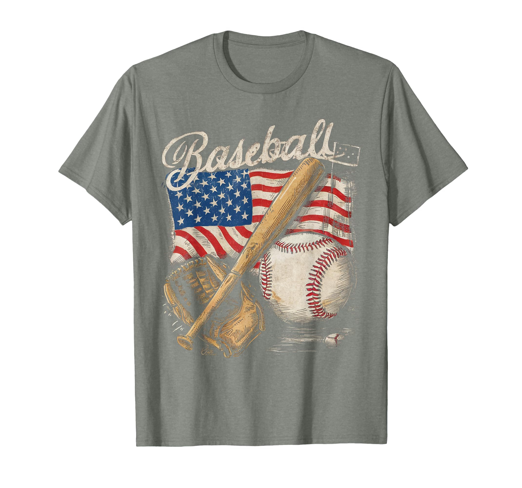American Flag Baseball Player Bat Fan Catcher Pitcher USA T-Shirt