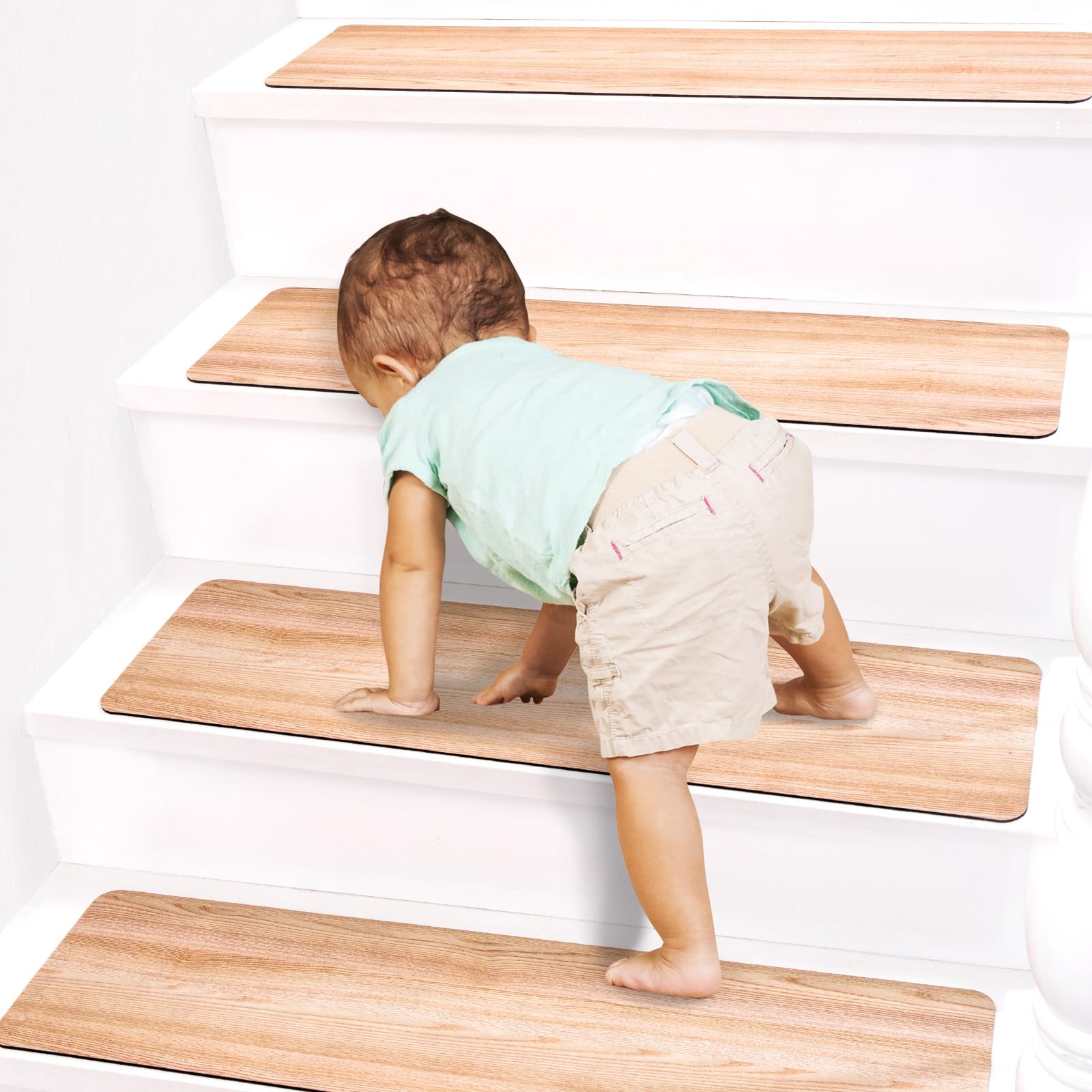 Tapis d’Escalier Antidérapants en Caoutchouc Synthétique,7 Pièces | Tapis de Marche avec Dos Gomme Antiglisse, 76×20 cm, avec Ruban Adhésif, Imitation Bois