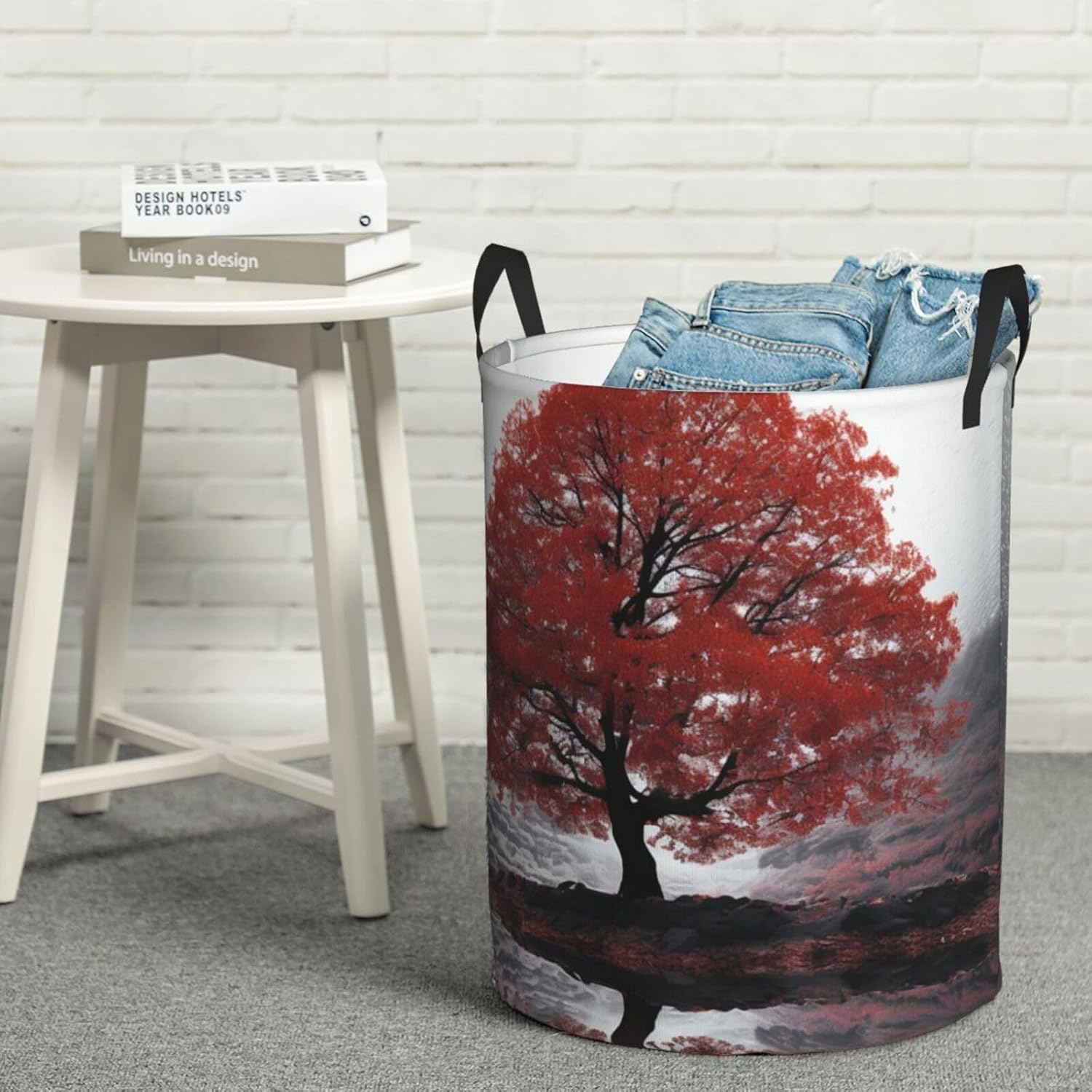 Red Tree Laundry Basket With Handles, Foldable Laundry Hamper Oxford Cloth Dirty Clothes Basket Waterproof Clothes Toys Storage Bin Organizer for Bedroom Bathroom Dorm