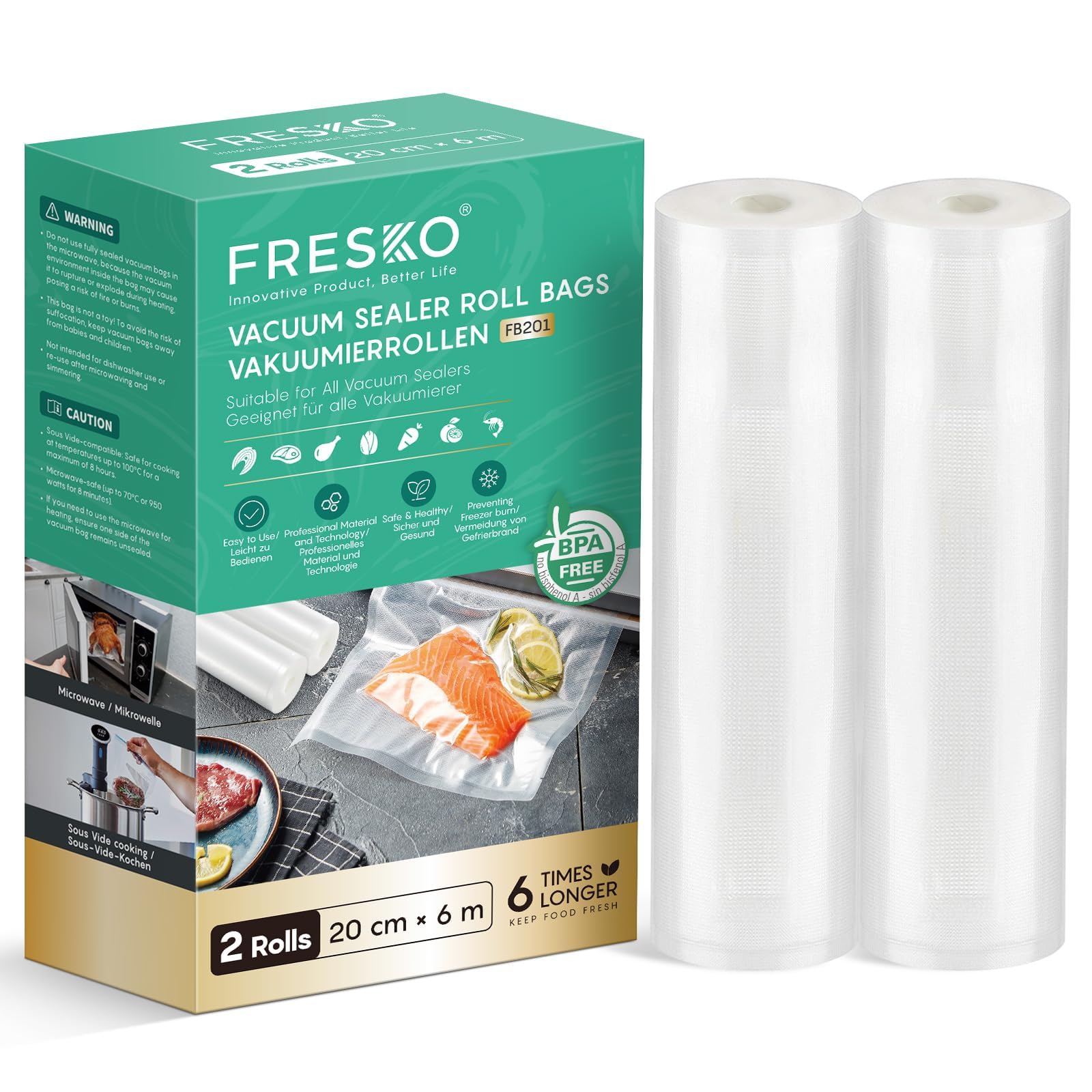 FRESKO Vakuumrollen 2 Rollen 20 x 600cm, Professionelle Vakuumierbeutel Folienbeutel, Größe für alle Vakuumiergeräte, BPA-frei, Geprägte Luftrillen, Sous-Vide-Gefrierbeutel