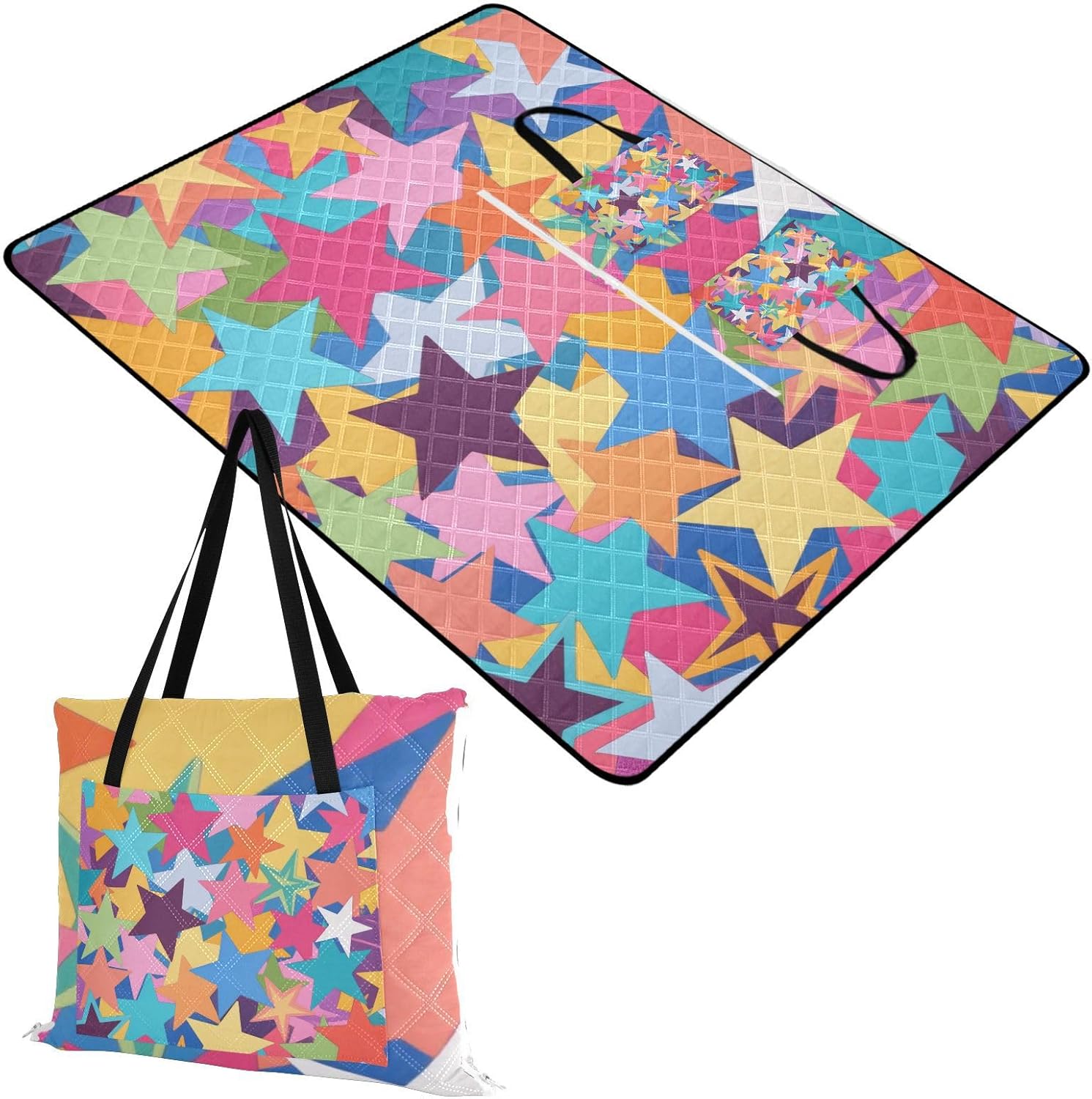 Picnic Basket Set Soft Park Beach Picnic Blanket for Women 30s Spring Gifts Colorful Cartoon Stars are Fashion 60x80in