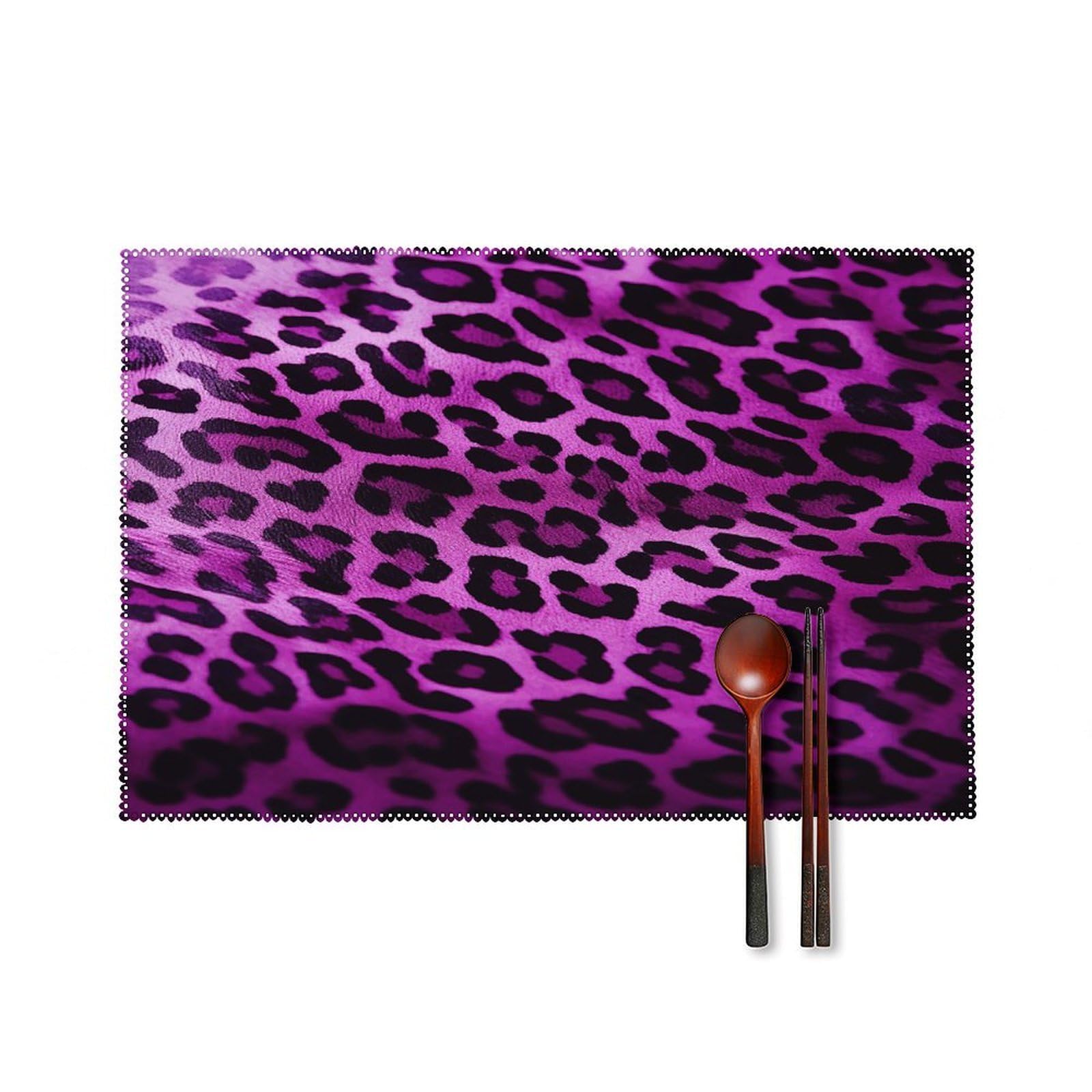 Purple Leopard Placemats Set of 6 Heat Resistant Non-Slip Place Mats Washable Wipeable Table Mats Elegant Farmhouse Placemat for Kitchen Dining Outdoor Party Table Decor