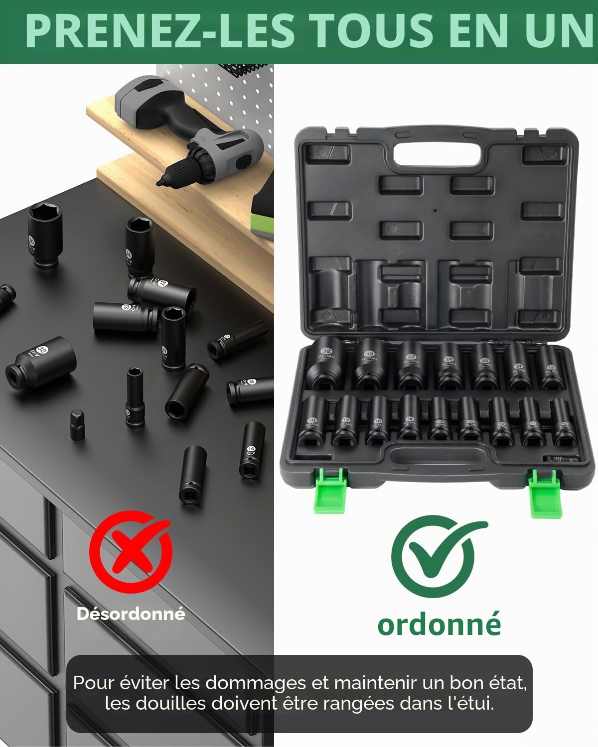 Ginour Coffret de 17 Pièces 1/2" Douilles à Chocs 10-32 mm, Jeu de 16 Douille Longue Hexagonales CR-Mo Avec Adaptateur 3/8" à 1/2"(17tlg, 10-32mm)