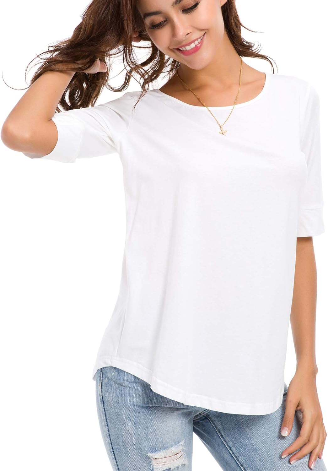 Womens Elbow Length Sleeve Tops Summer Fashion Cotton Blouses Casual Tunic Tee Shirts - Image 6