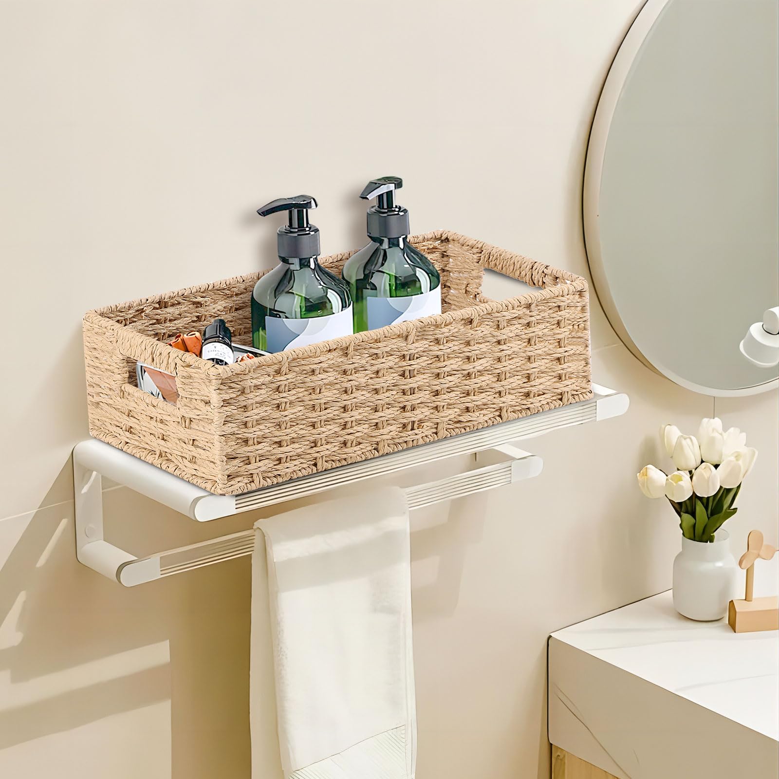 Panier Rangement Avec Poignées, pour Penderie, Salon, Dressing, Chambre, Ensemble de Deux, Grand 37×16.5×11cm, Petit 33×12.5×10cm, Naturel