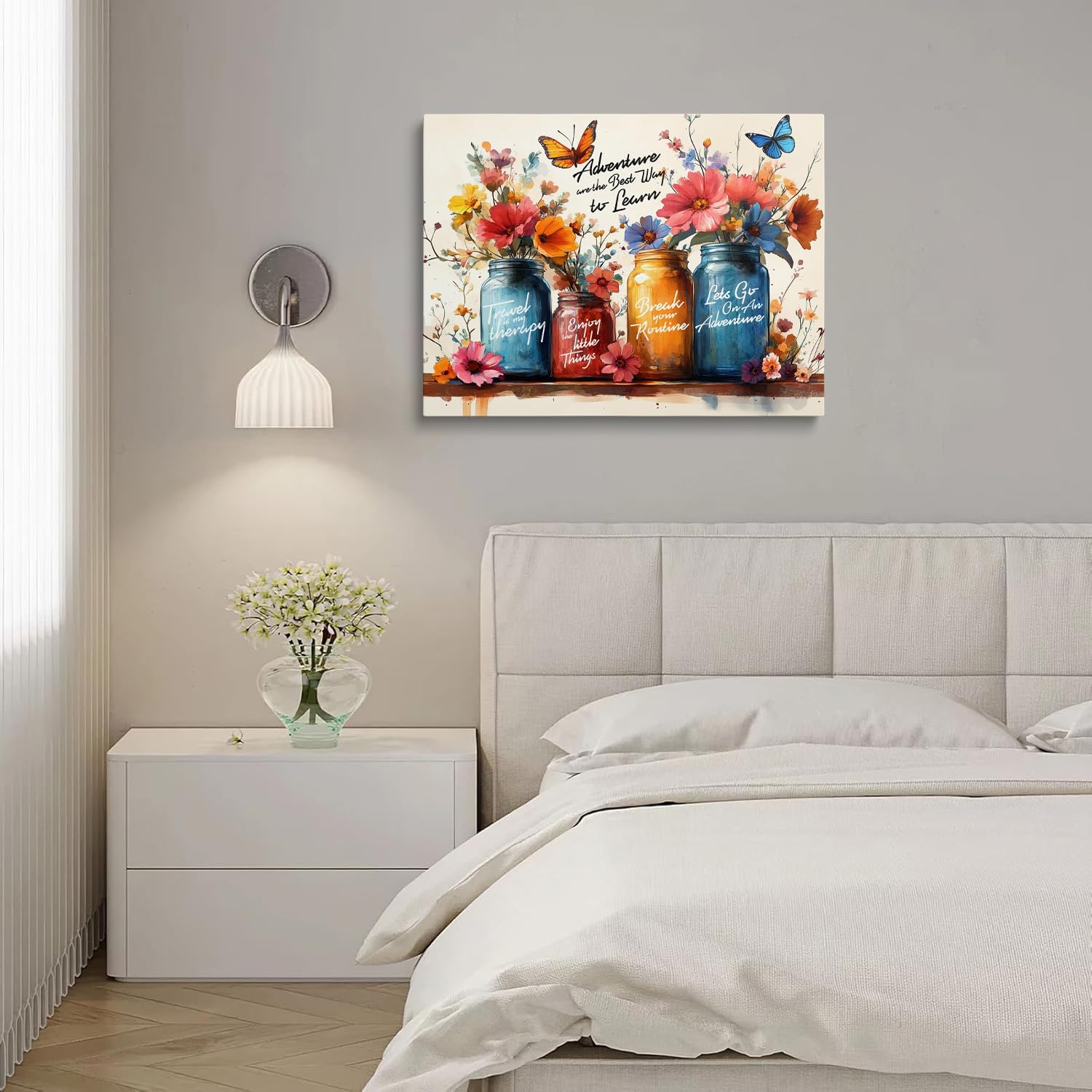 Colorful Flower Canvas Wall Art with Butterflies and Inspirational Quotes Wall Decor for Living Room Bedroom Bathroom Motivational Framed Artwork Positive Quotes for Home Decor 16x24 Inches 24"L x 16"W