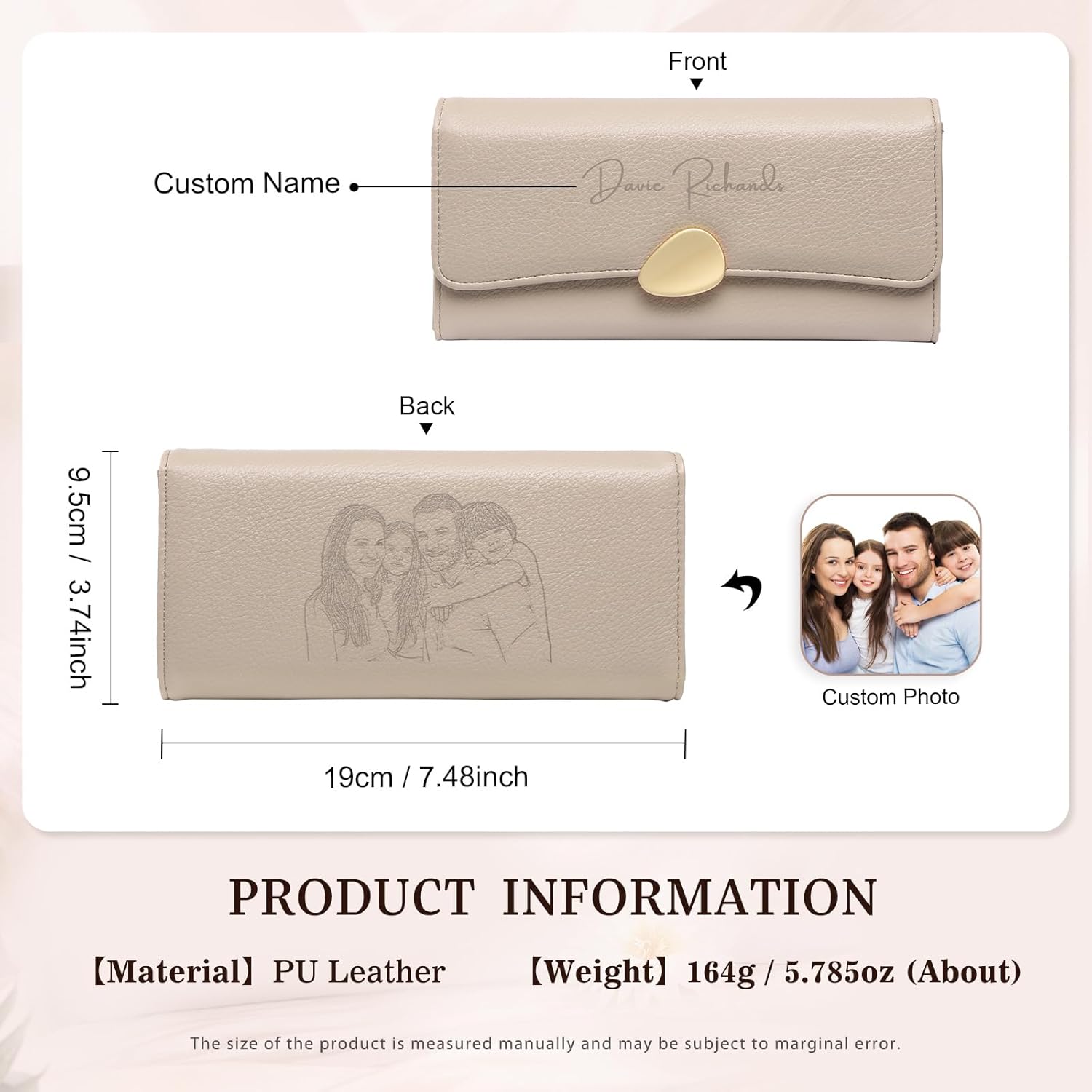 Personalized RFID Wallets for Women – Custom Name & Photo Leather Clutch, Double Zipper Large Capacity Wristlet, Mothers Day Wallet Gift for Mom Wife (2-Khaki)