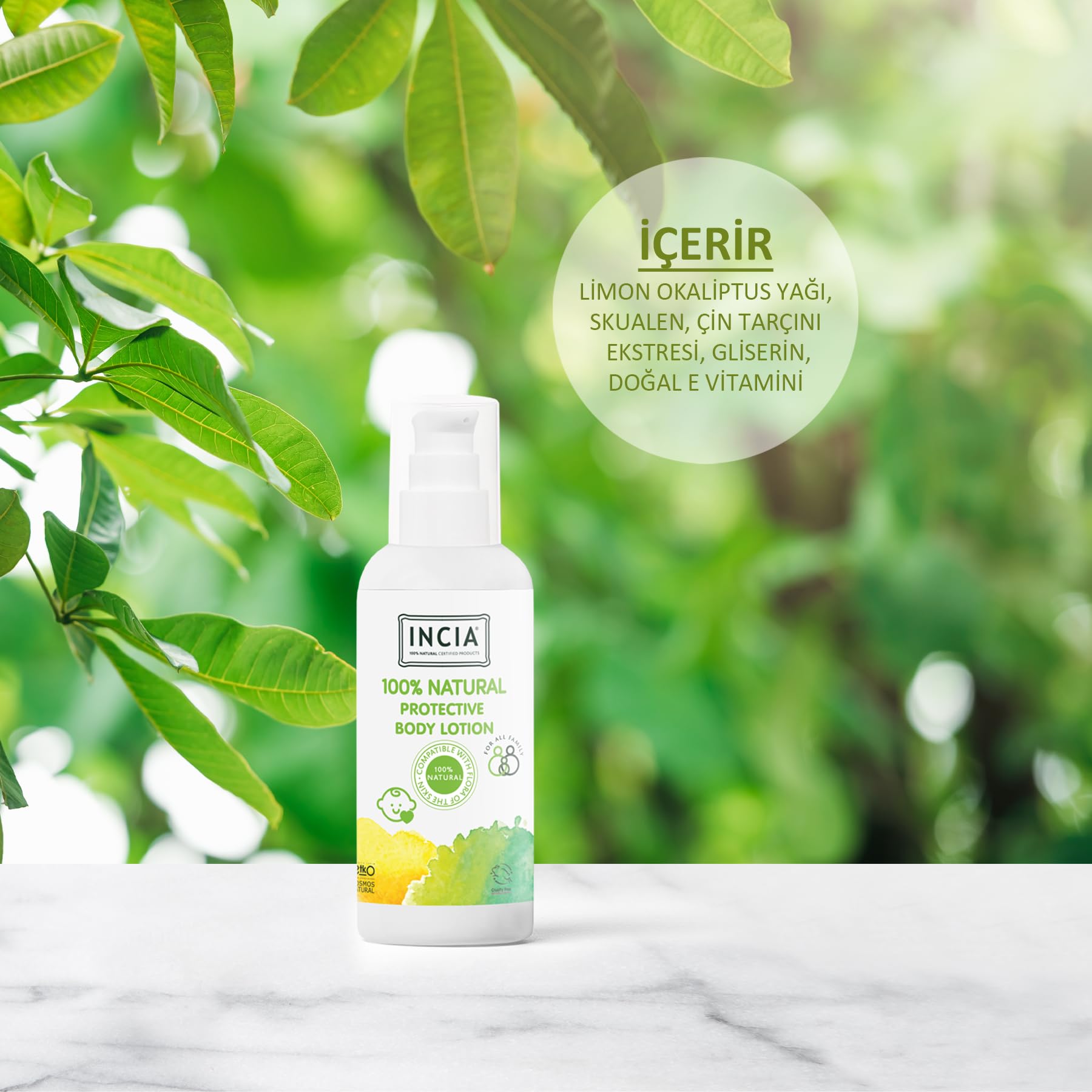 INCIA%100 Doğal Koruyucu Vücut Losyonu Sprey Yenidoğan Bebek Çocuk İçin Limon Okaliptus Vegan 100 ml