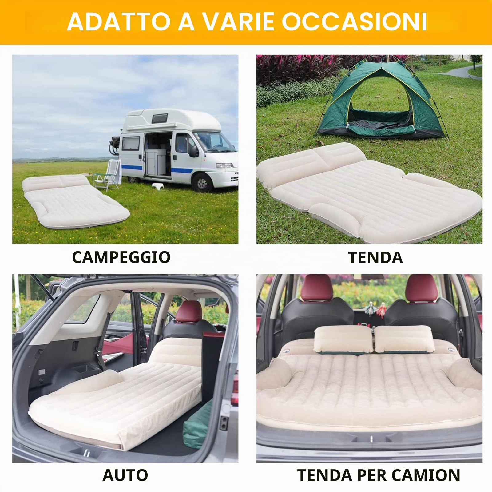 KMZ SUV - Materasso per auto ispessito e floccato su entrambi i lati, per campeggio, con 2 cuscini per sedile posteriore e bagagliaio (beige e caffè)