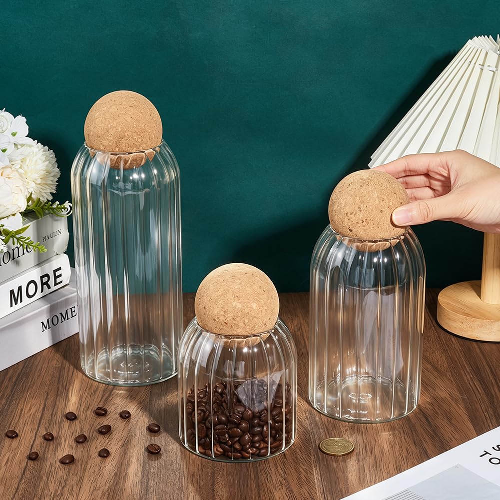 PH PandaHall 3pz Barattoli di Vetro con Tappo a Sfera in Sughero Contenitori Trasparenti con Coperchio in Legno, 3 Dimensioni Barattoli in Vetro per Cucina Biscotti Caramelle Caffè Zucchero Riso