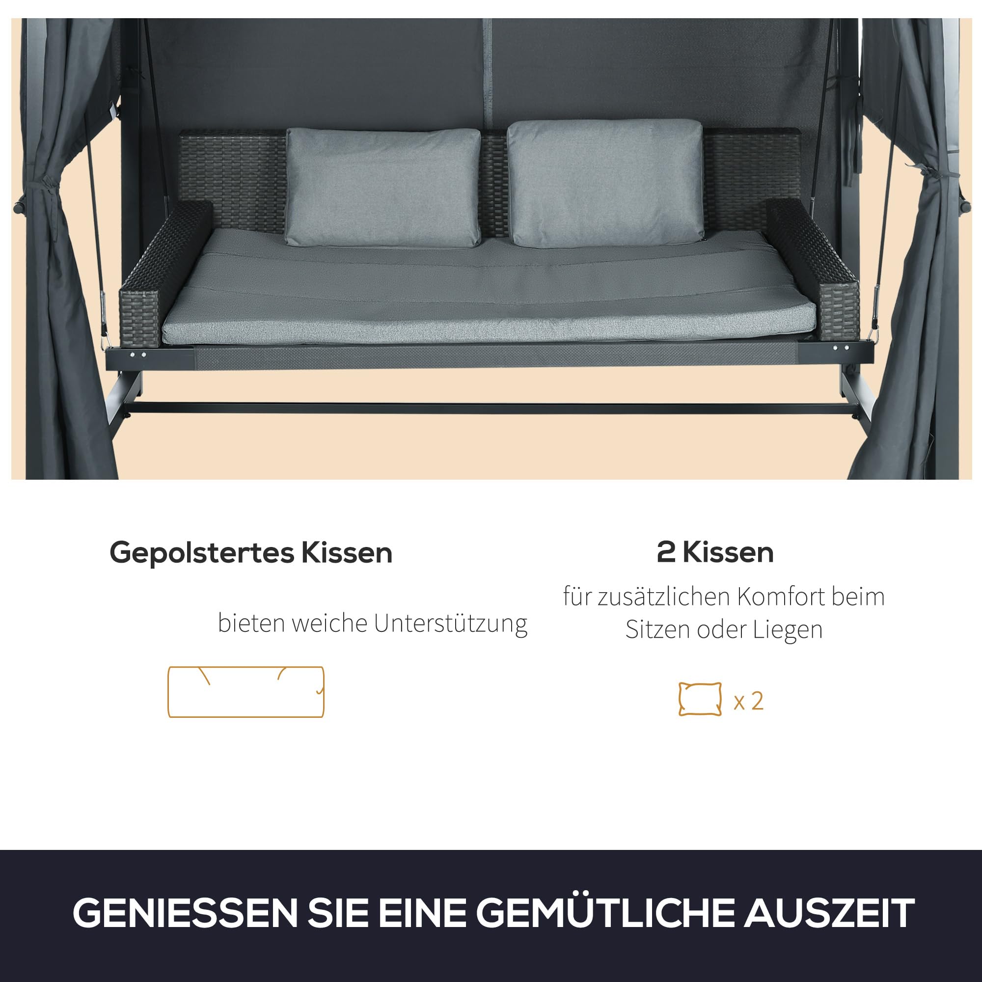 Outsunny Hollywoodschaukel mit Pergola, wetterbeständige Gartenschaukel mit Kissen, Schaukelbett für Balkon, Garten, 235 x 180 x 210 cm, Dunkelgrau