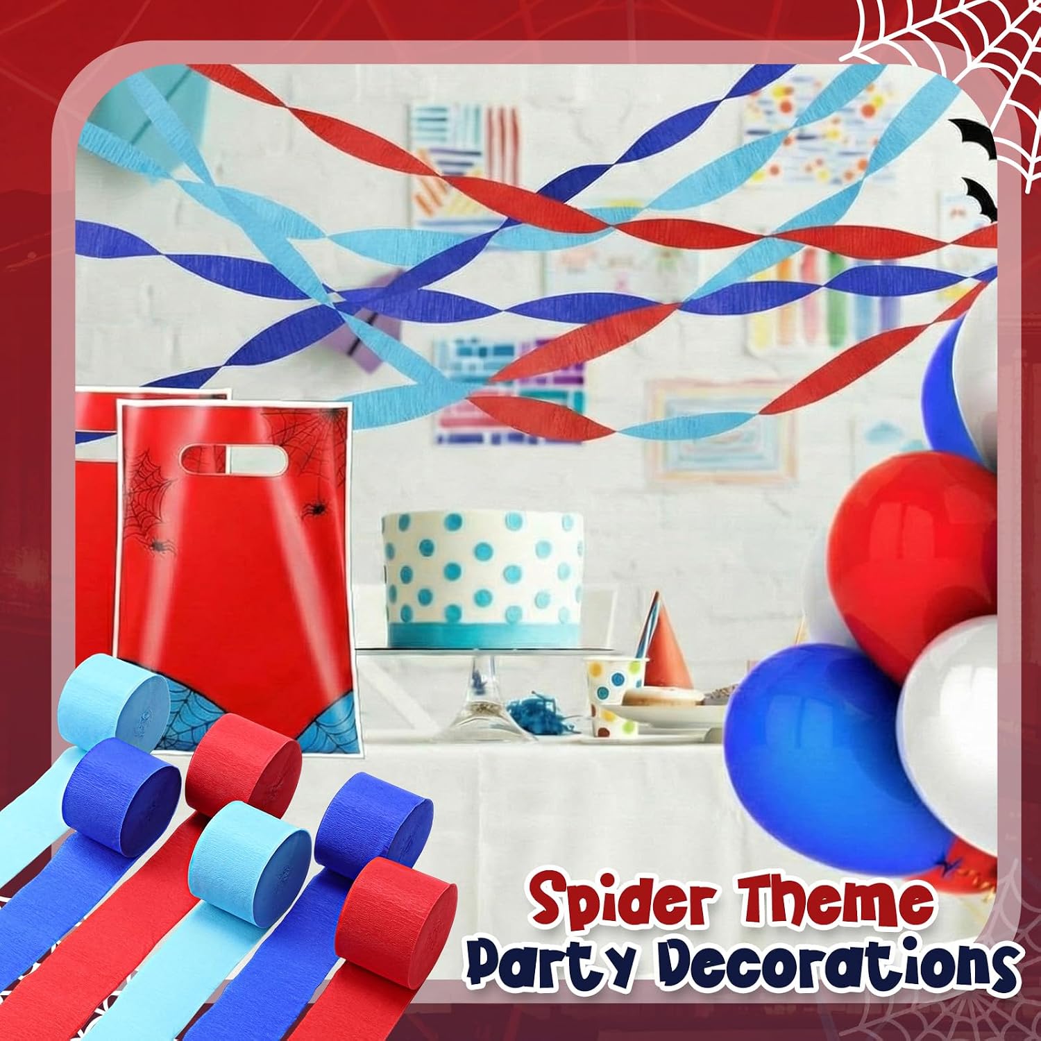 ForraFun 12 Rolls Spider Theme Birthday Party Decorations Red and Blue Crepe Paper Streamers Cartoon Party Streamer for Spider Themed Decoration DIY Indoor Outdoor