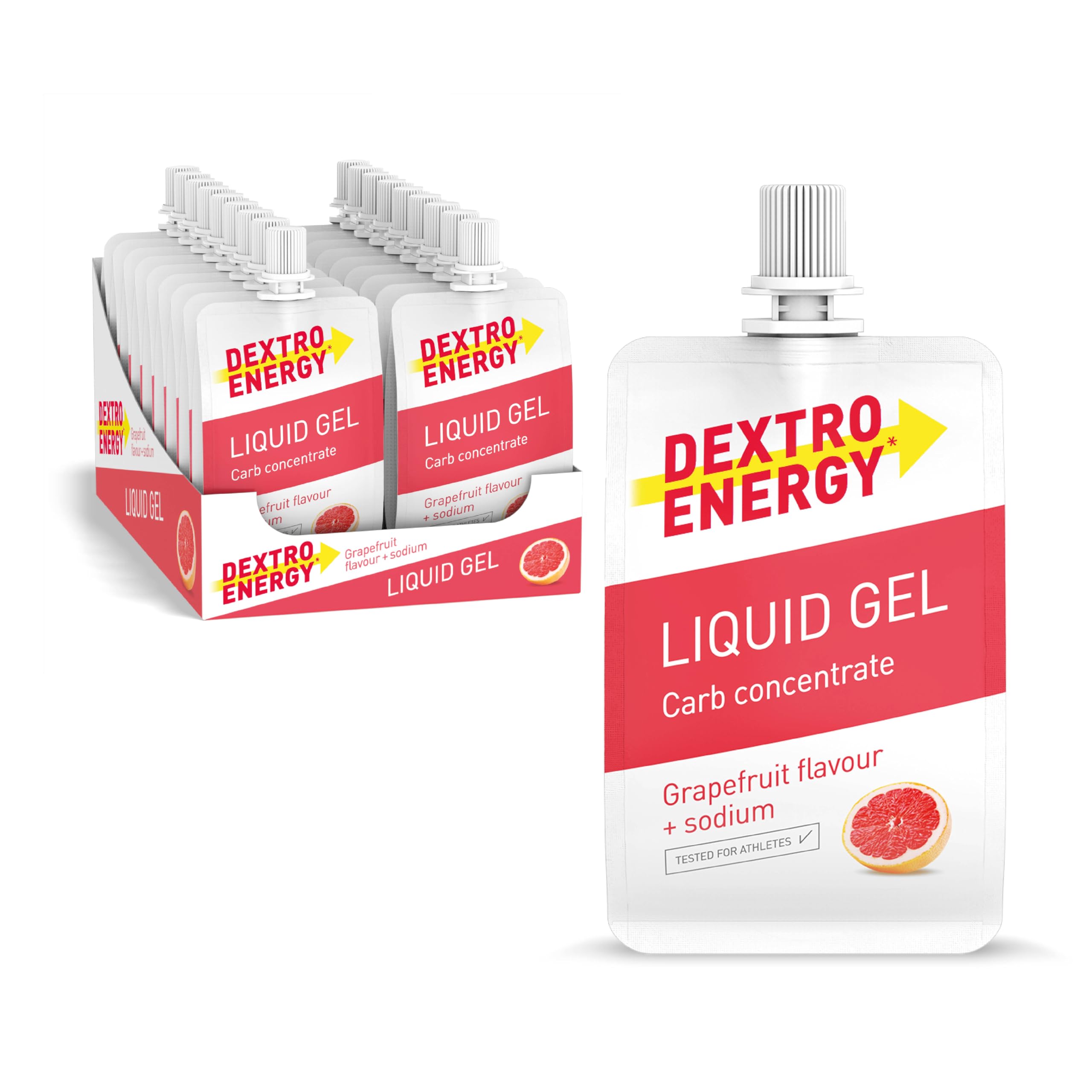 Dextro Energy Liquid Gel Pomelo + Sodio - 18x60 ml (Pack de 18) - High Carb Energy Gel para aporte rápido de carbohidratos + 240 mg de sodio