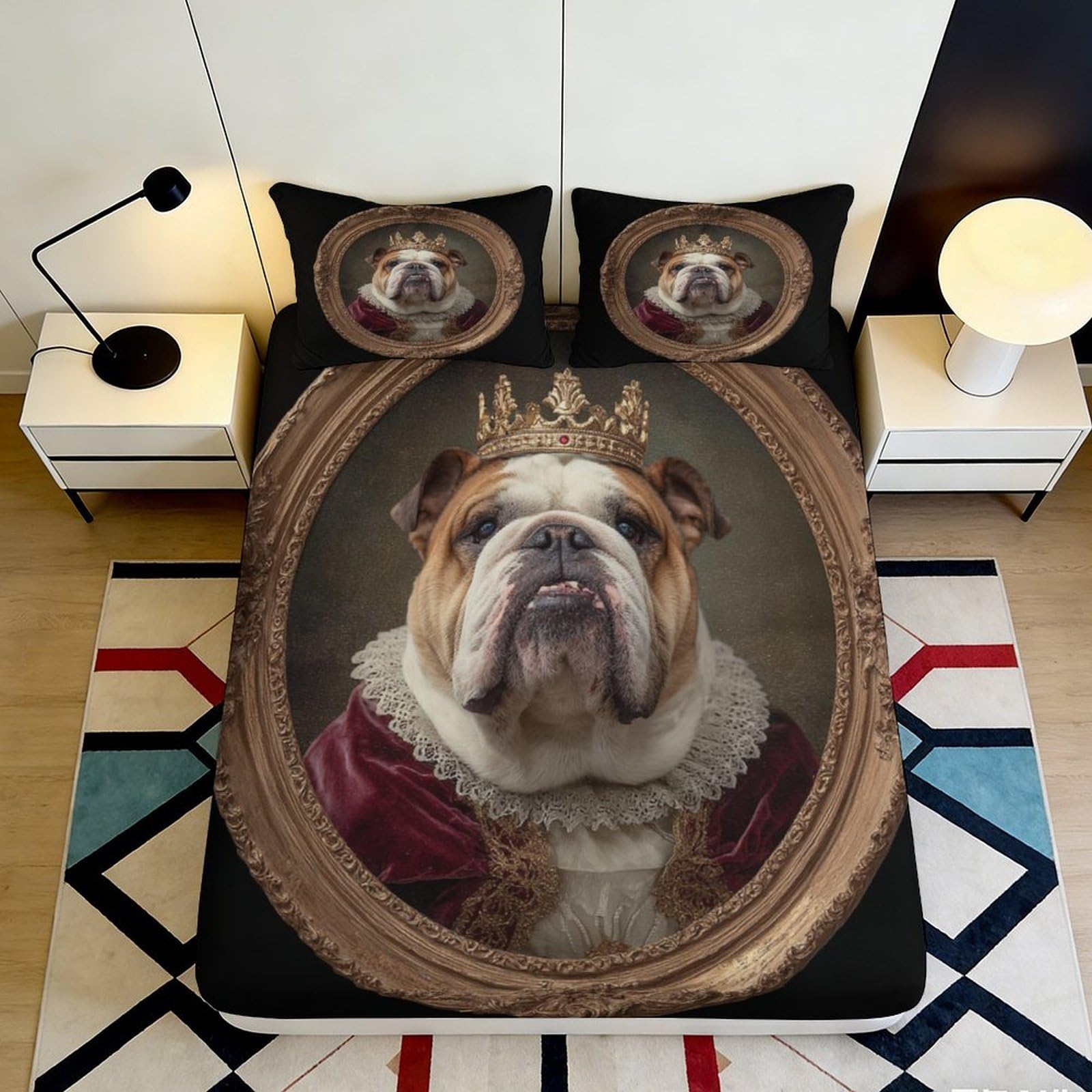 3D Printed Royal Bulldog Fitted Sheet Microfiber Soft Breathable King Dog Mattress Cover for Bedroom Dormitory Guest Room Protection Decor 200x200x25cm