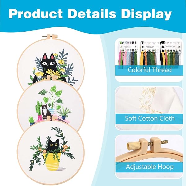 NAEBRO Beginner Embroidery Set, 3 Pieces Cross Stitch Embroidery Set with Pattern and Instructions, Adult Cross Stitch Embroidery Picture Set for DIY Arts Crafts Sewing (Cat and Plants) - 3