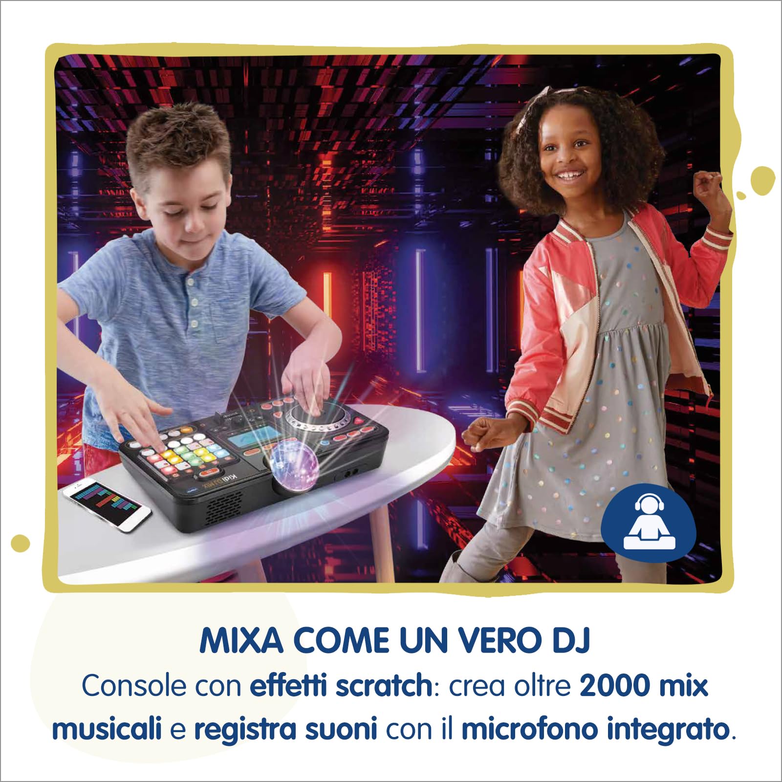 VTech Kidi DJ Mix, Console da DJ per Bambini, Effetti Luminosi da Concerto, DJ Mix da Bambini con Microfono, Collega il Tuo Lettore MP3, Jack o Bluetooth, Lingua Italiana, Batterie Incluse, 6+ Anni