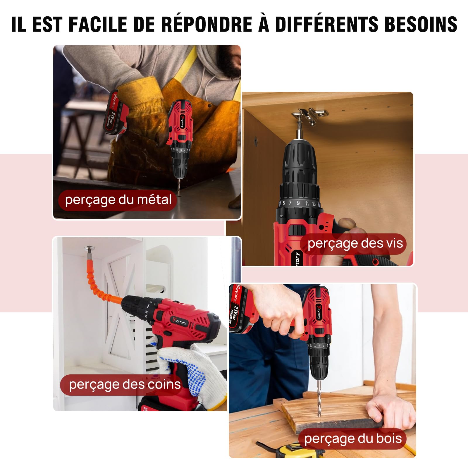 Perceuse Visseuse Sans Fil, 21V Visseuse Devisseuse avec 2 Batteries, 45Nm Perceuse Percussion, 25+1 Réglages de Couple, 10mm Métal Mandrin Verrouillage, 2 Vitesses, 29 Accessoires, LED Light