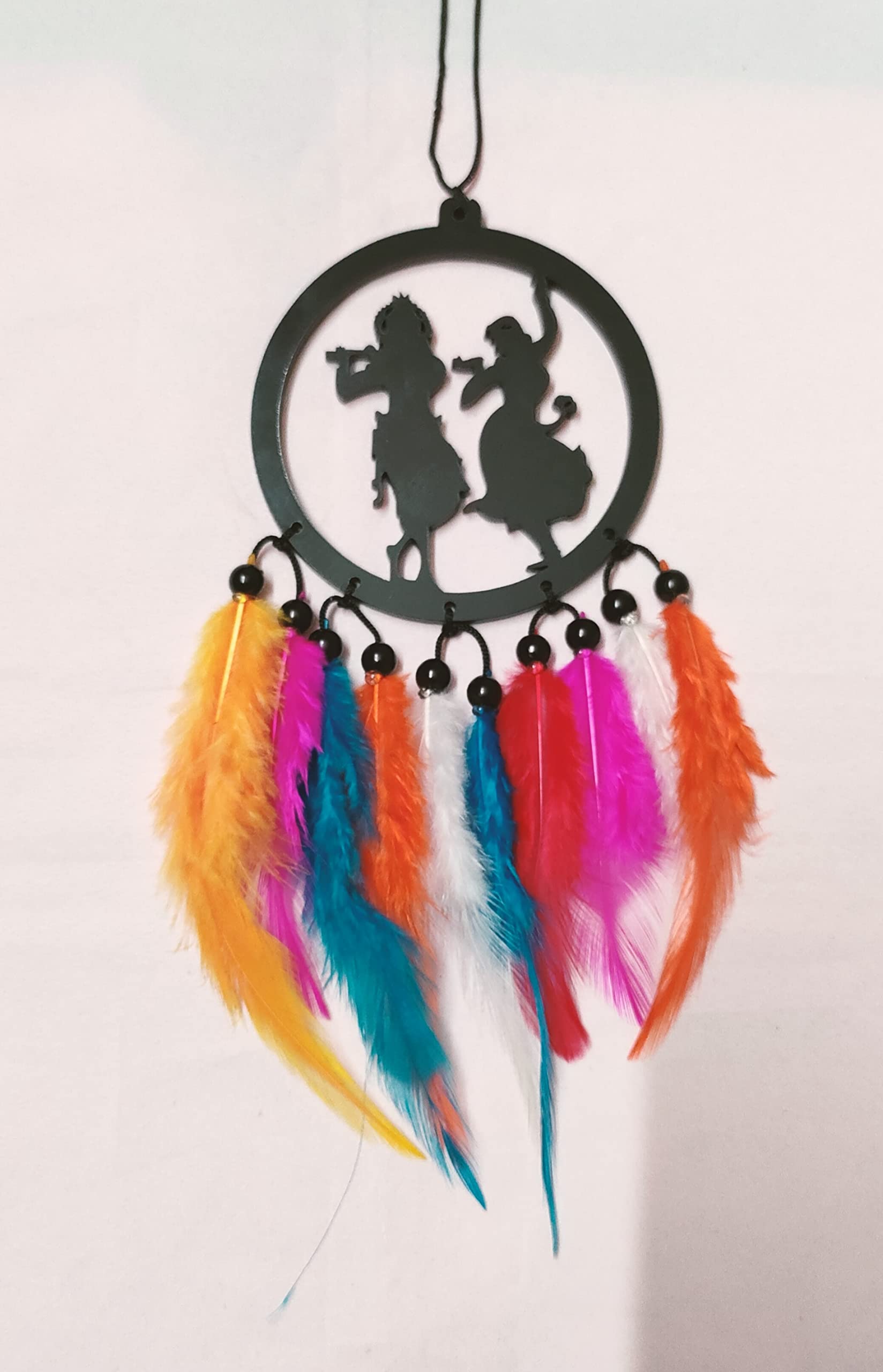 Vm Store Radha Krishna Dream Catcher Hand Made for Positive Vibes, Wall Decor car Hanging Made with Acrylic Material of Multi Color Feathers-image-32