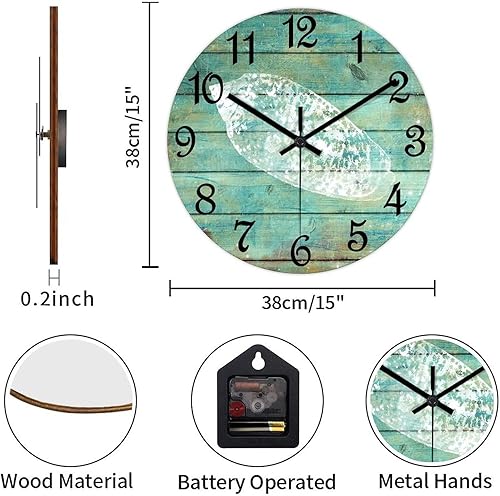 Miniatura 3 de Funlucy Reloj de pared vintage con diseño de concha y estrella de mar, reloj de pared de PVC náutico de 15 pulgadas, reloj rústico de granja,