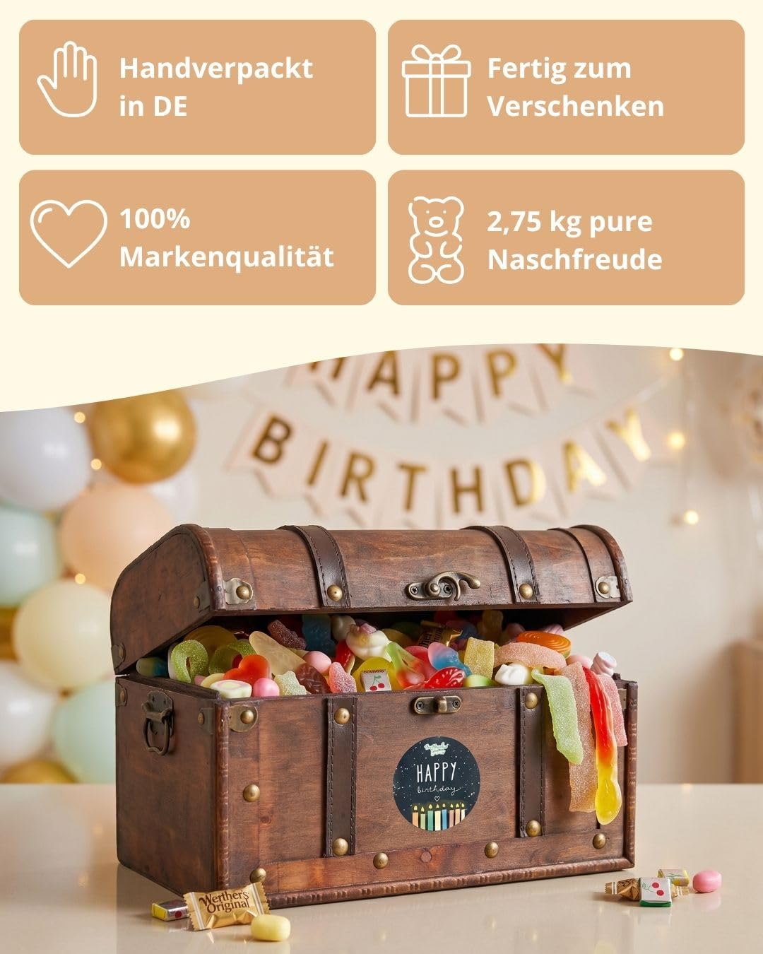 Schmatztruhe Happy Birthday – Geschenktruhe mit kunterbuntem Süßigkeiten-Inhalt, tolle Geschenk-Idee zum Geburtstag