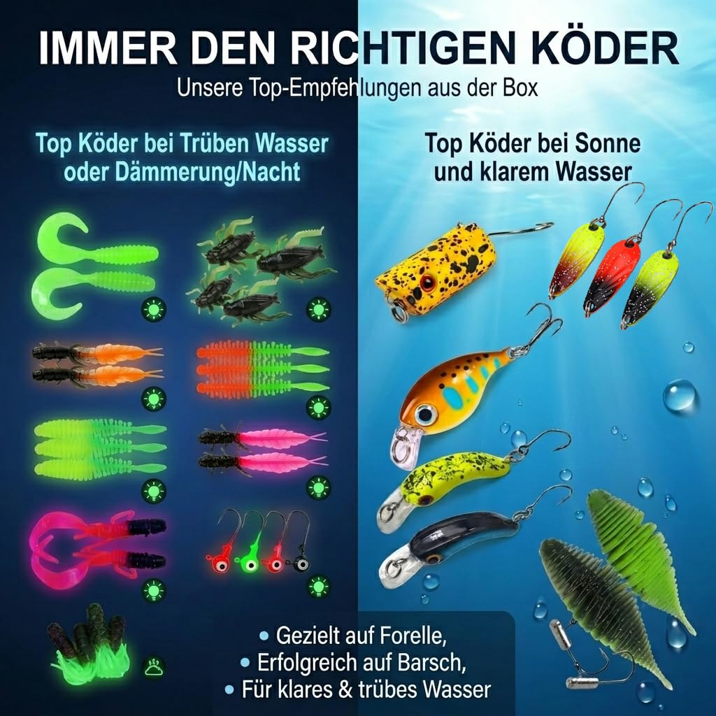 Forellen Angel Set Köder Sortiment Box 126 Teile Komplettset, Spoons Wobbler Spirolino Wirbel Gummiköder | Perfektes Angel Geschenk für Angler | Gummi Forellen Köder Set