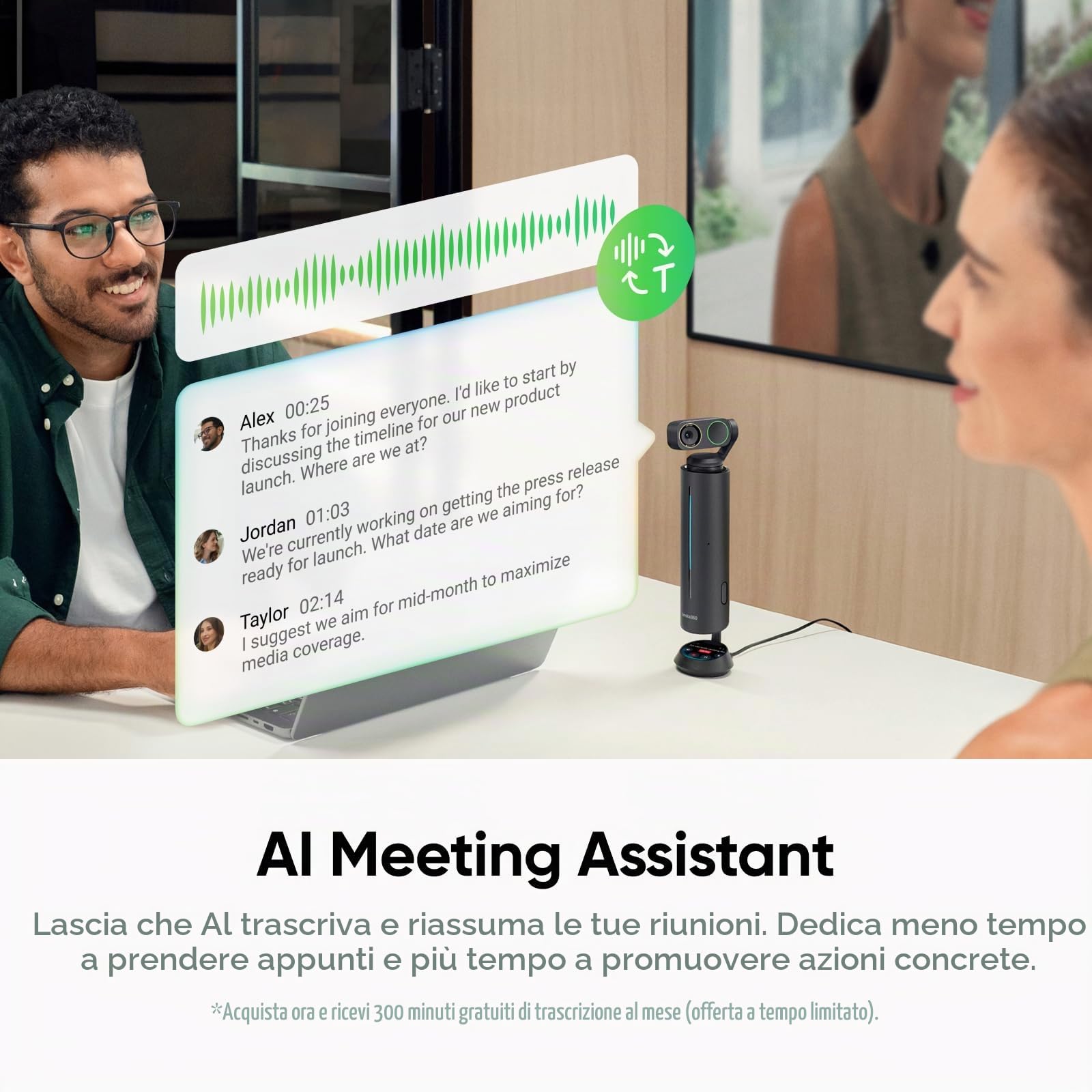 Insta360 WaveLink Pro Nero grafite - Vivavoce e cam 4K per sale riunioni, tracciamento interlocutori, acquisizione vocale 5m 360°, riduzione rumore, trascrizione e riepiloghi IA, plug & play