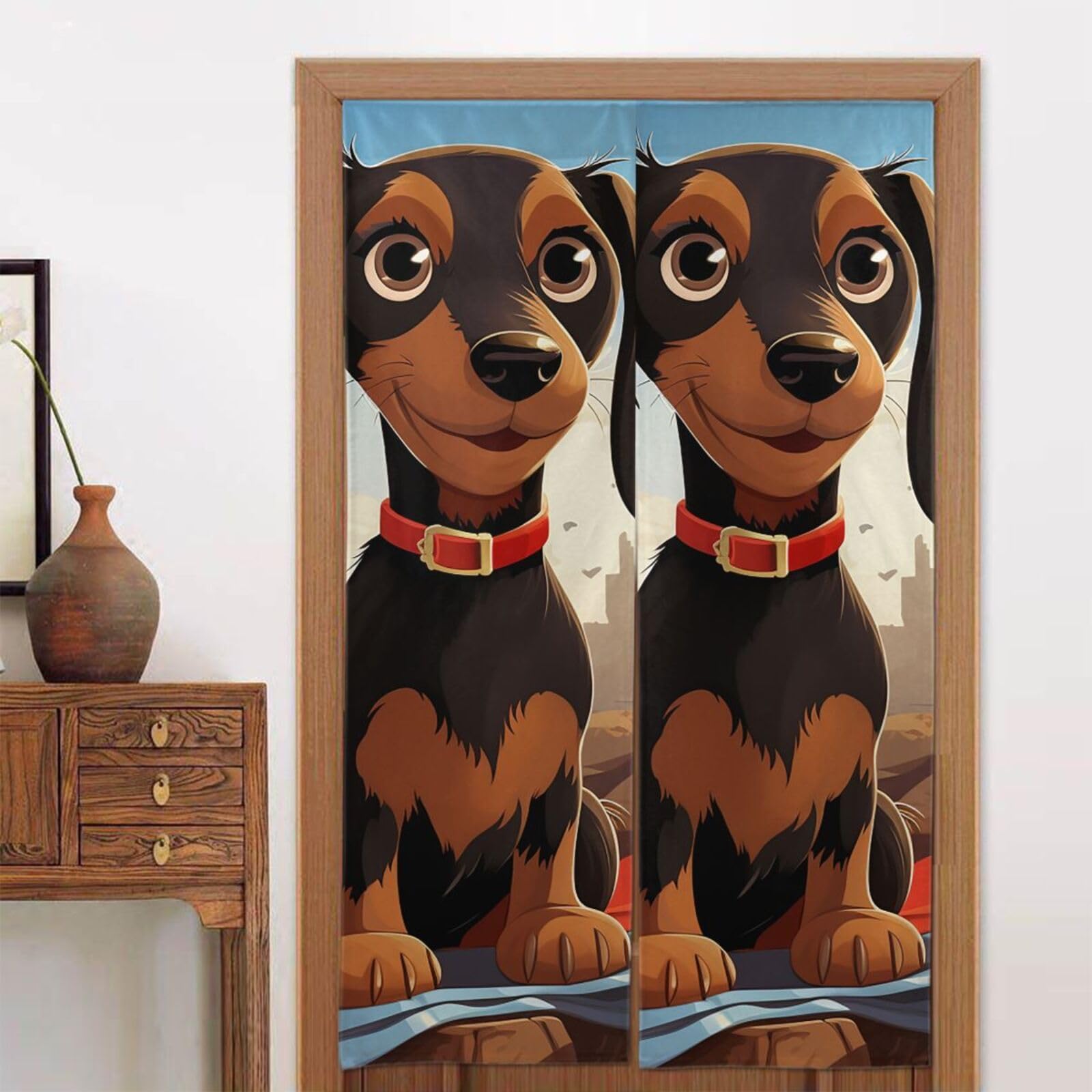 Rideau de porte occultant et thermique motif teckel chien, 1 panneau isolant de 86,4x142,2 cm