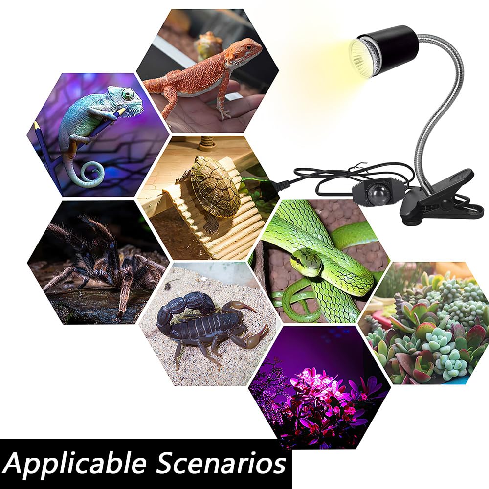 Lotvic Lámpara para Tortuga, Lámpara de Reptiles y Anfibios, Pinza Giratoria de 360°, Lampara de Calor Temperatura Ajustable Lámpara para Reptiles con 3 Bombillas y Termómetro