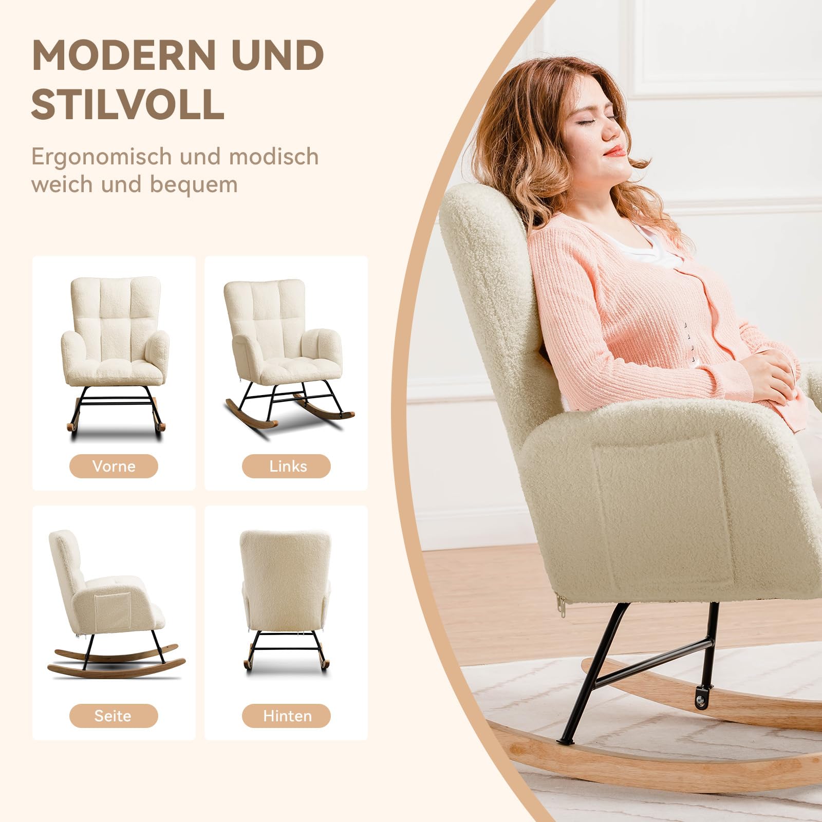 COMHOMA Schaukelstuhl, Relaxsessel mit Armlehnen, Ohrensessel aus Teddy-Plüsch Schaukelsessel, bis 150 kg belastbar, sonnenliege gartenliege für Schlafzimmer, Wohnzimmer, Stilvolles Design Beige