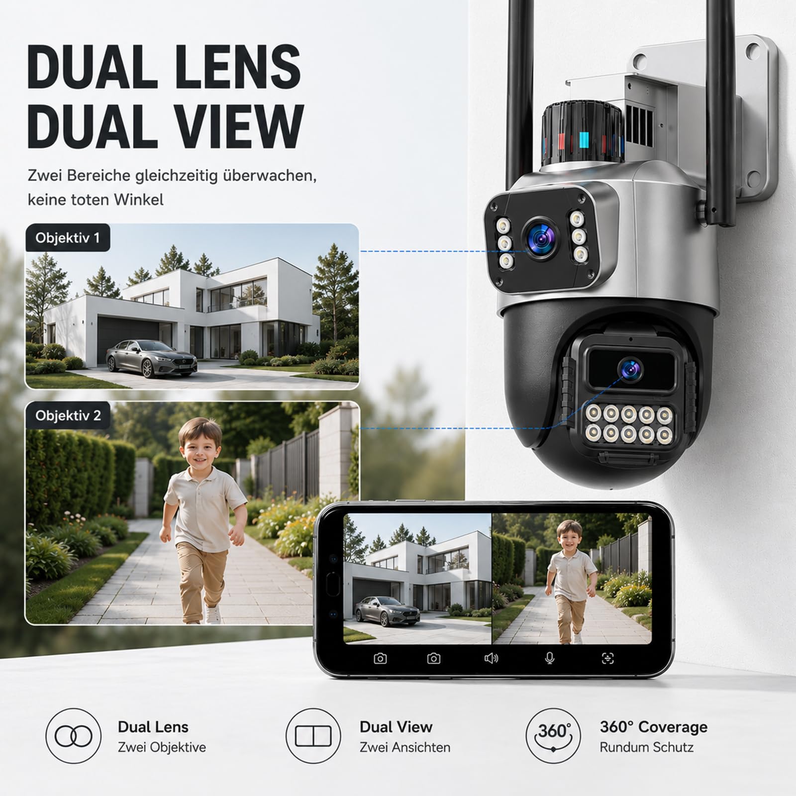 Überwachungskamera Außen, 6MP Dual-Lens WLAN, 2.4/5 GHz | Kamera mit Großem Sichtfeld und Schwenk/Neigefunktion, Farb-Nachtsicht, 2-Wege-Audio, Bewegungsmelder, IP66, SD/Cloud