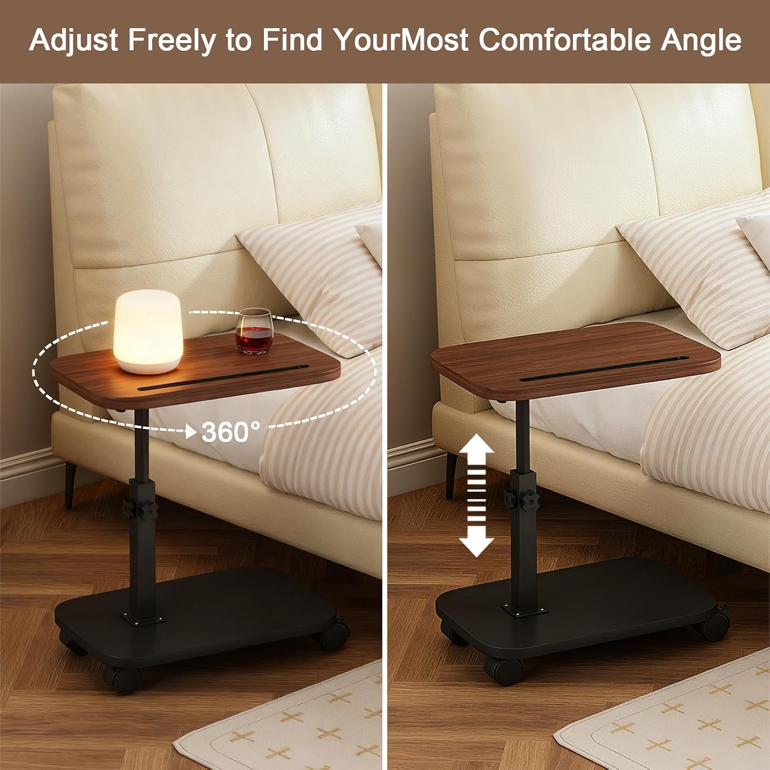 Adjustable Height TV Tray Table with Wheels, C Shaped End Side Table & Phone Tablet Slot, Swivel Snack Stand for Couch, Sofa, Bed,Living Room, Laptop Use in Small Spaces (Walnut)